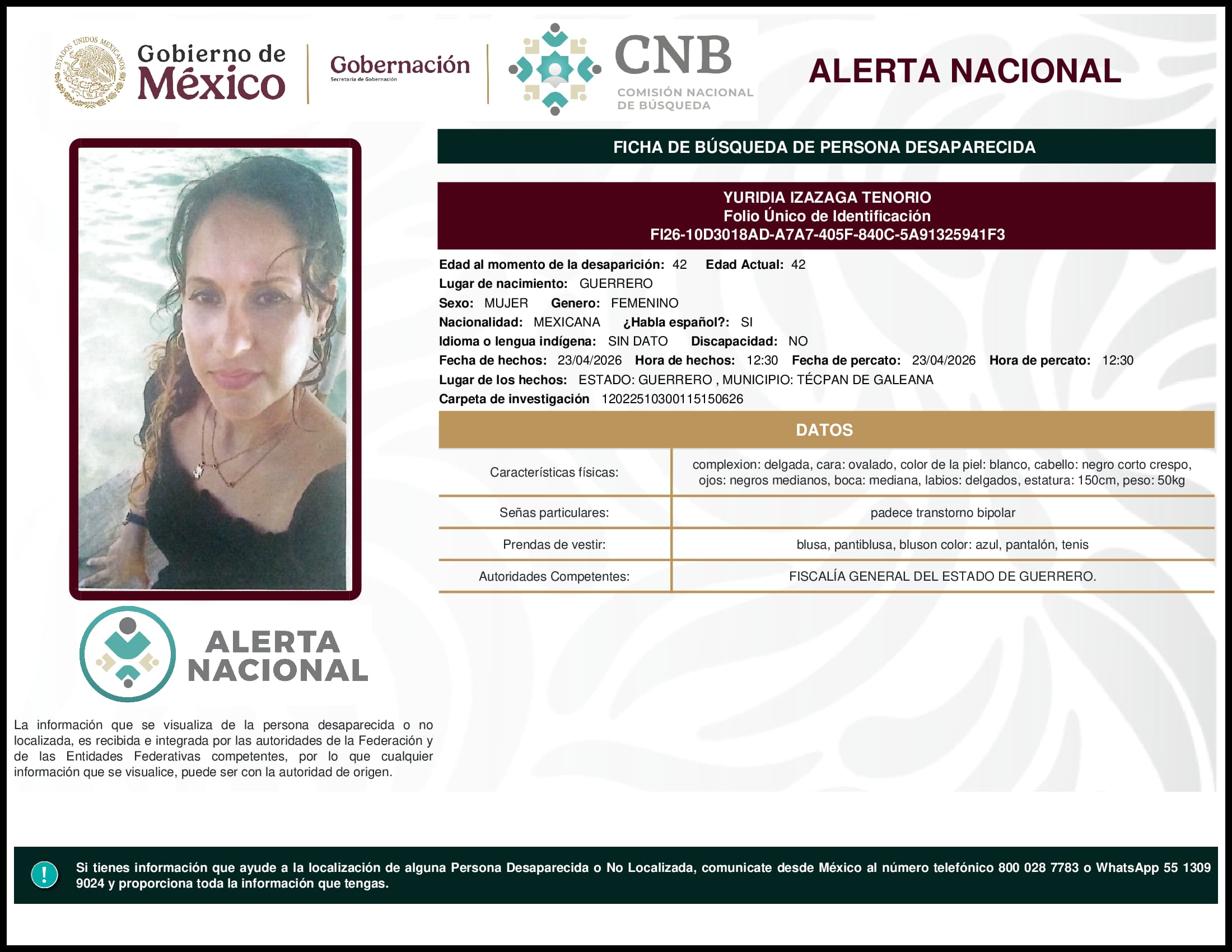 Persona desaparecida Yuridia Izazaga Tenorio