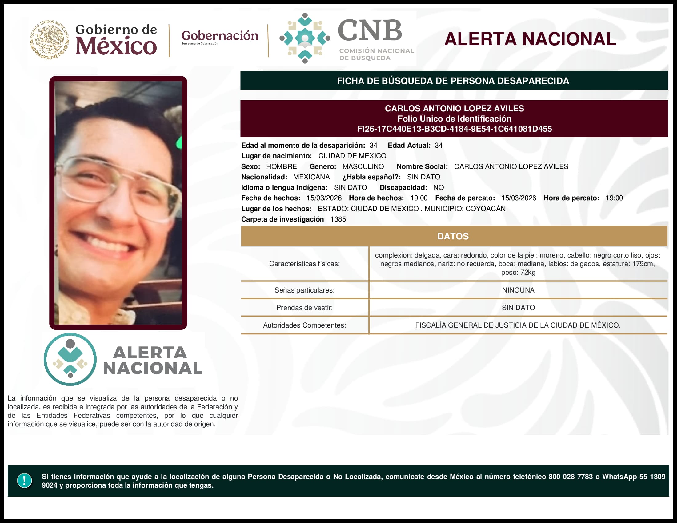 Persona desaparecida Carlos Antonio Lopez Aviles