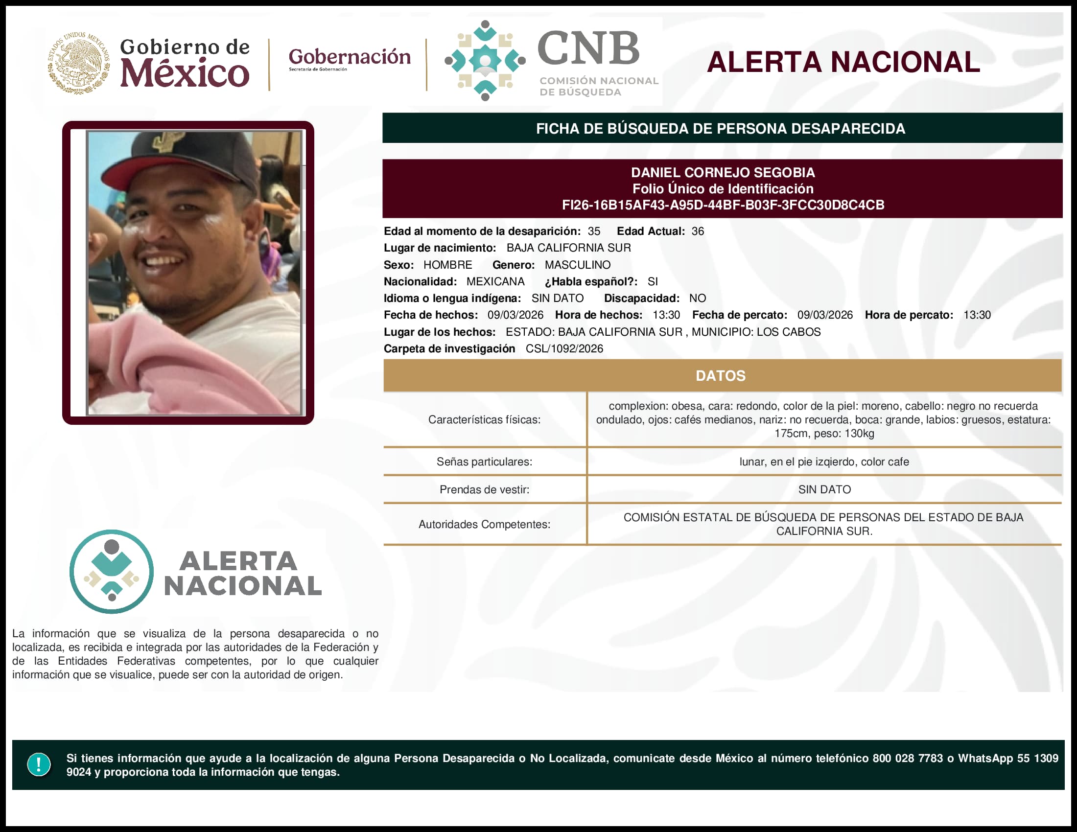 Persona desaparecida Daniel Cornejo Segobia