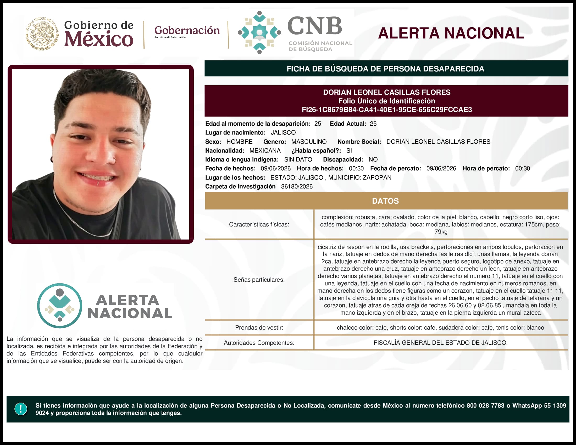 Persona desaparecida Dorian Leonel Casillas Flores