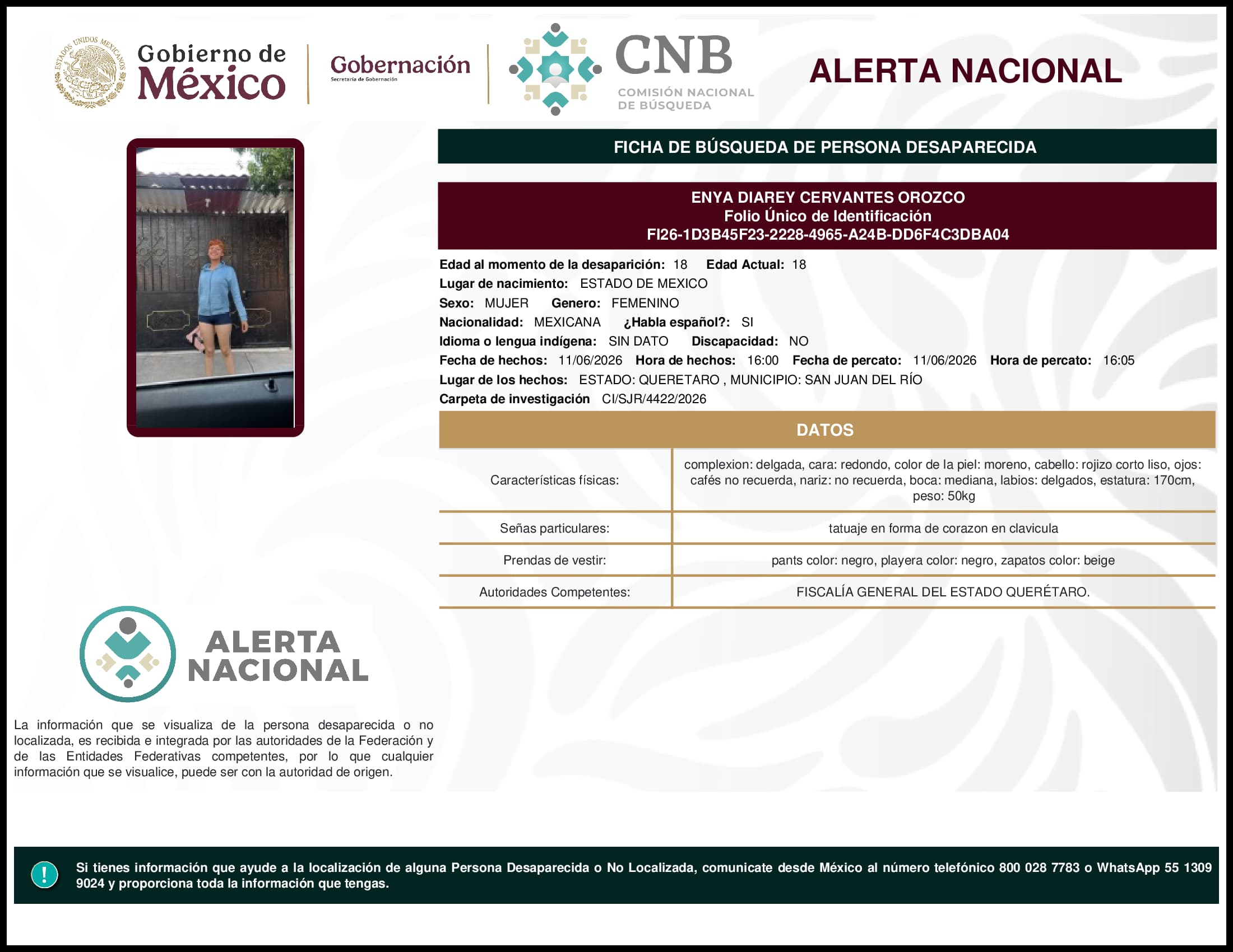 Persona desaparecida Enya Diarey Cervantes Orozco