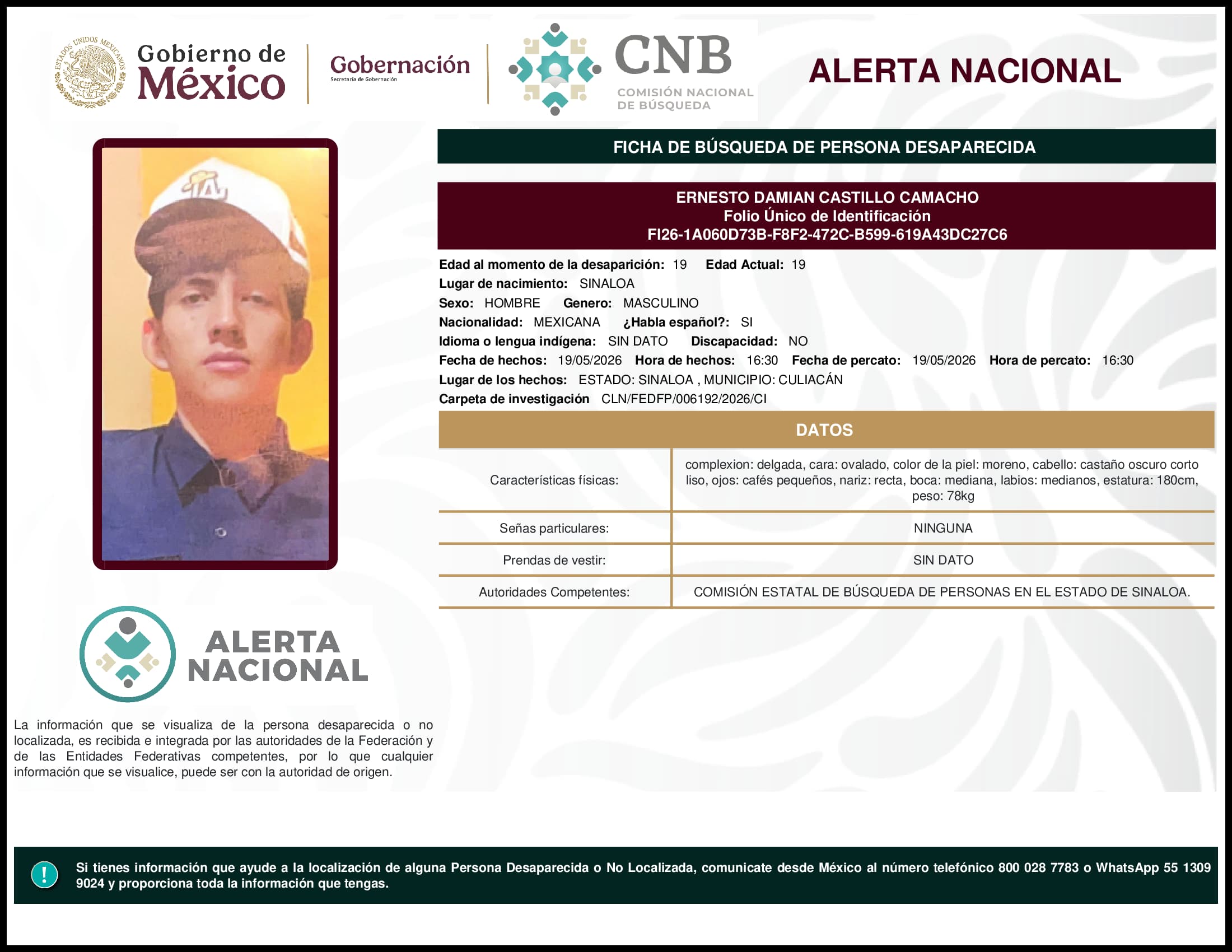 Persona desaparecida Ernesto Damian Castillo Camacho