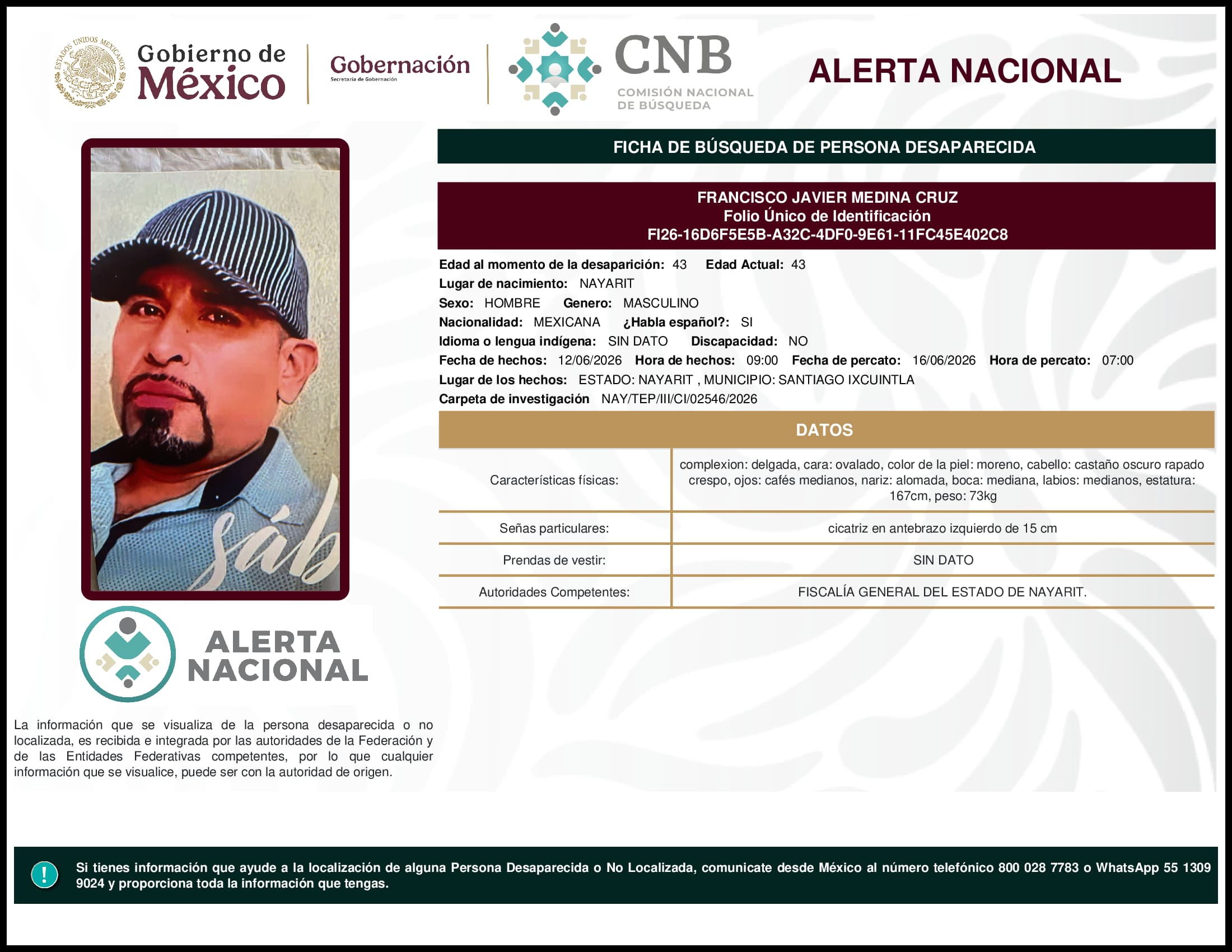Persona desaparecida Francisco Javier Medina Cruz