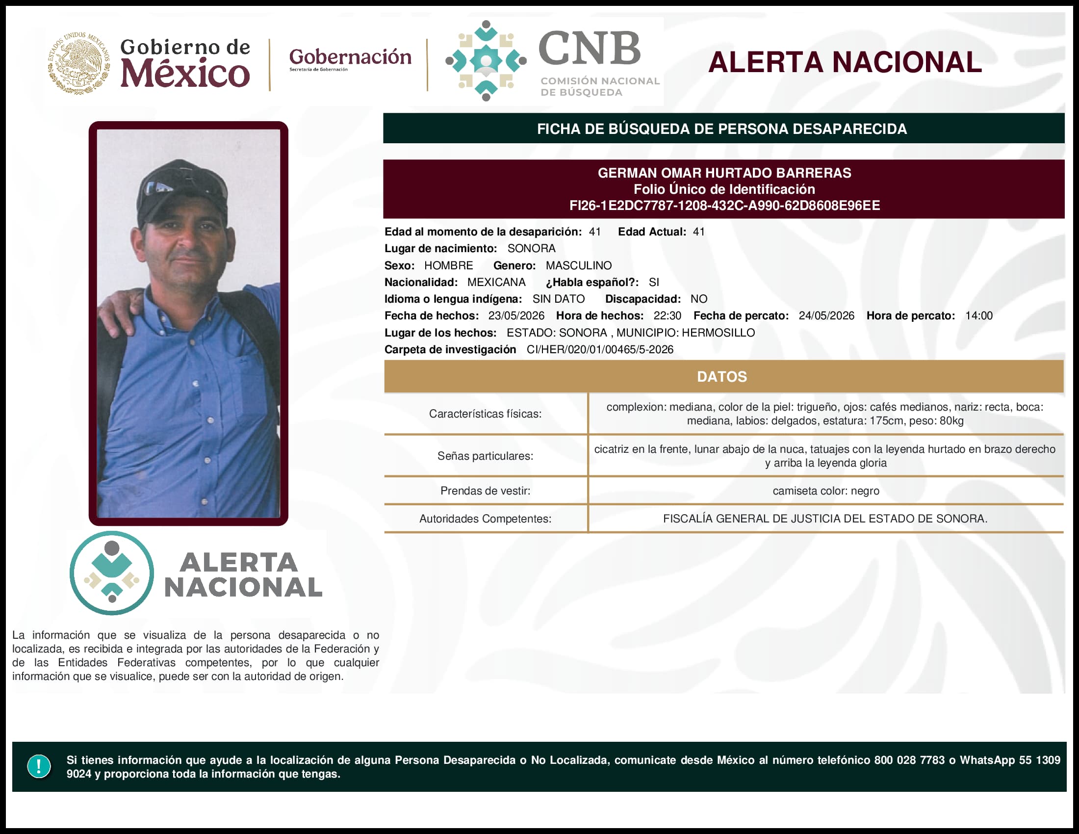 Persona desaparecida German Omar Hurtado Barreras