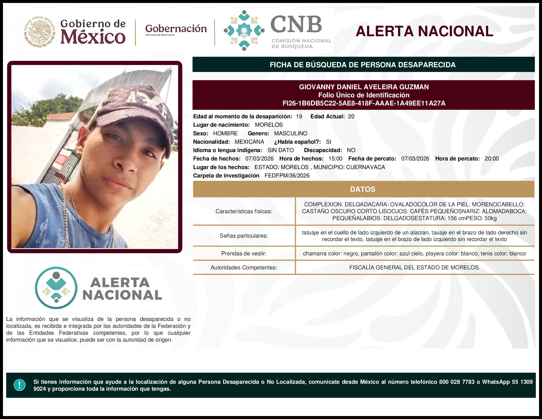 Persona desaparecida Giovanny Daniel Aveleira Guzman