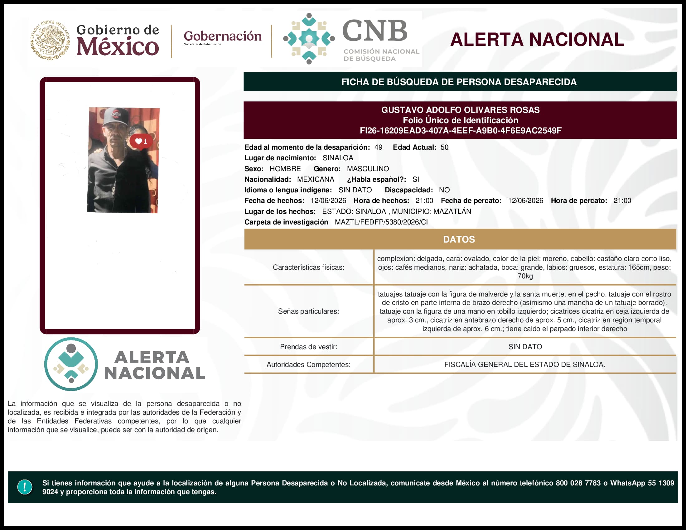Persona desaparecida Gustavo Adolfo Olivares Rosas