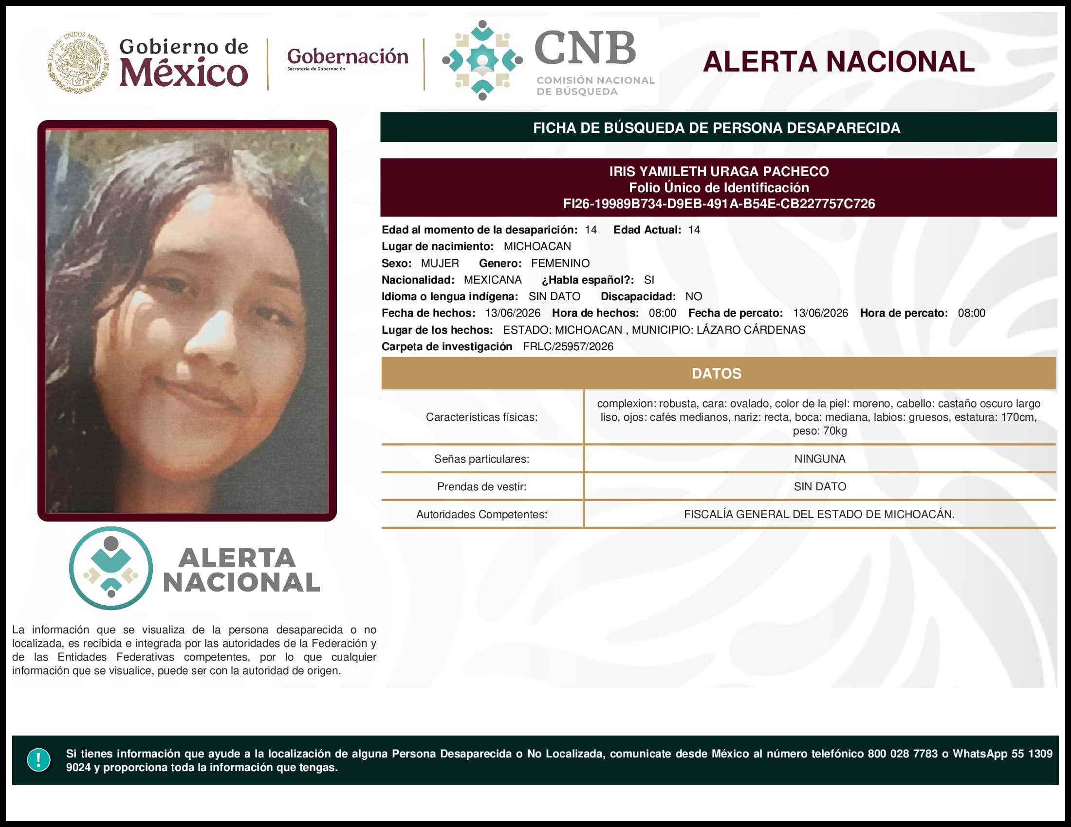 Persona desaparecida Iris Yamileth Uraga Pacheco