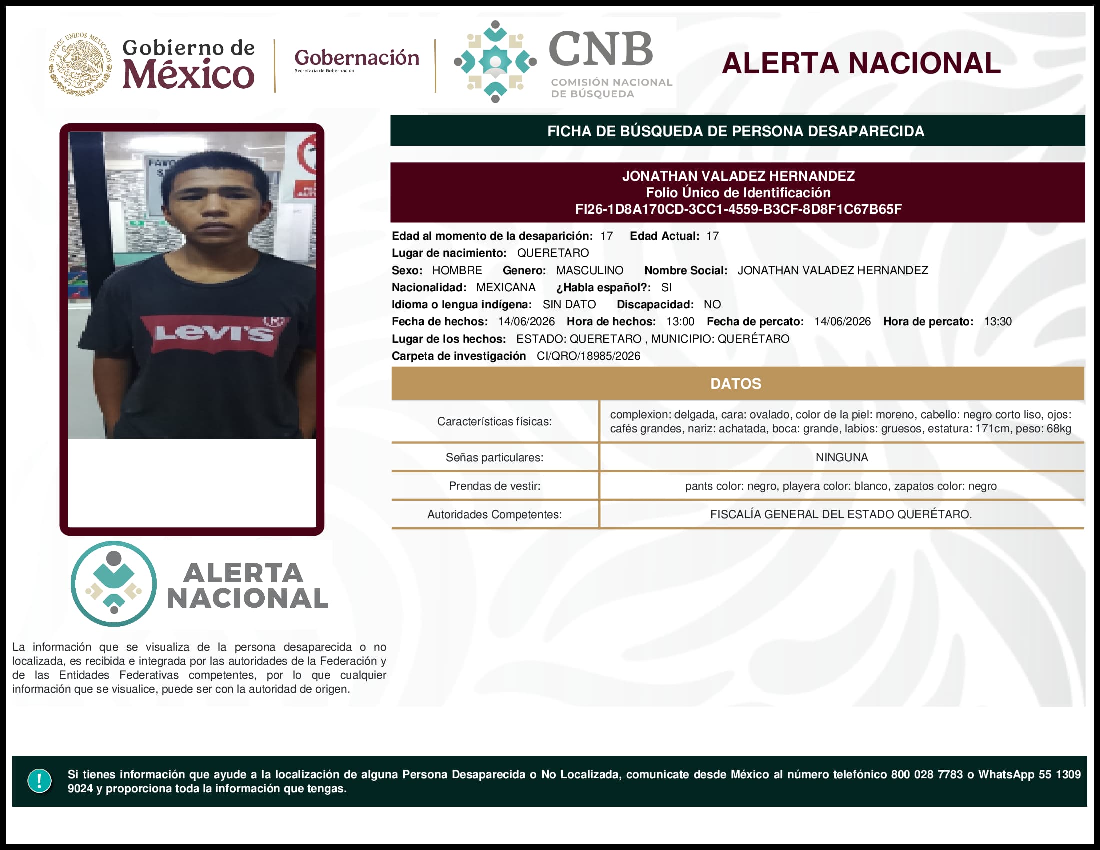 Persona desaparecida Jonathan Valadez Hernandez