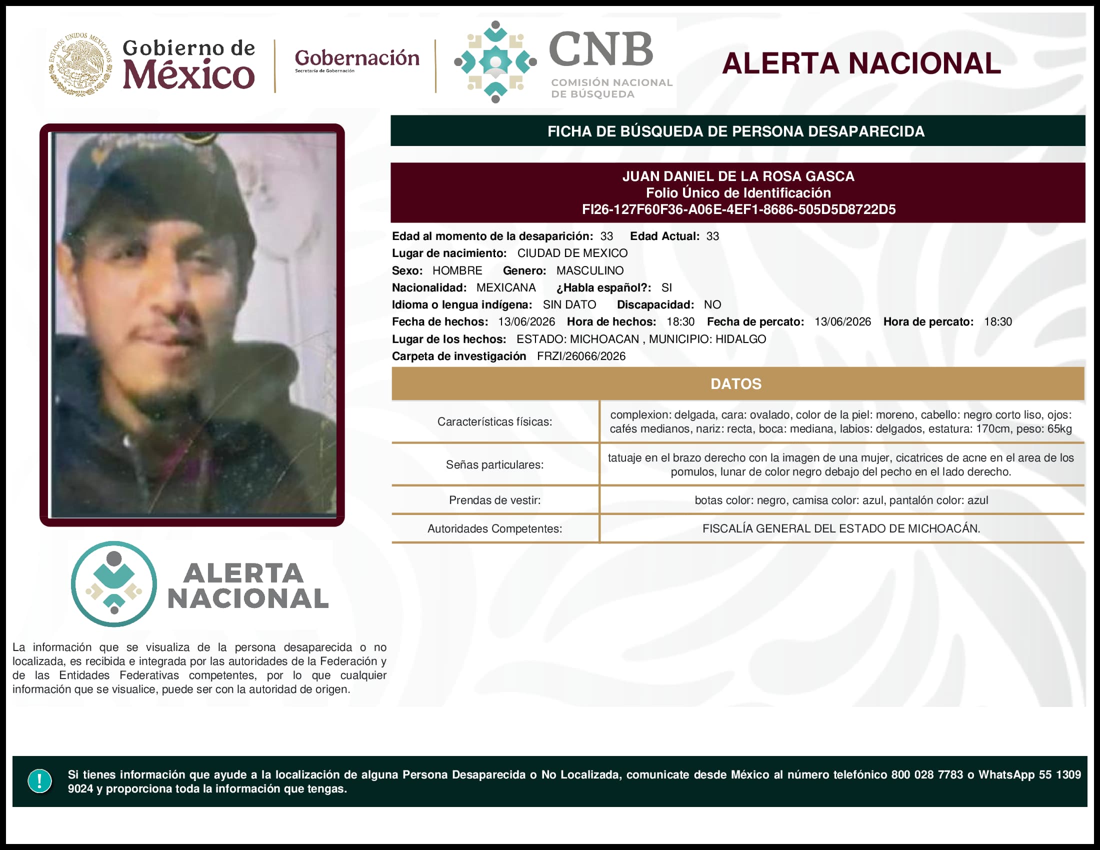 Persona desaparecida Juan Daniel De La Rosa Gasca