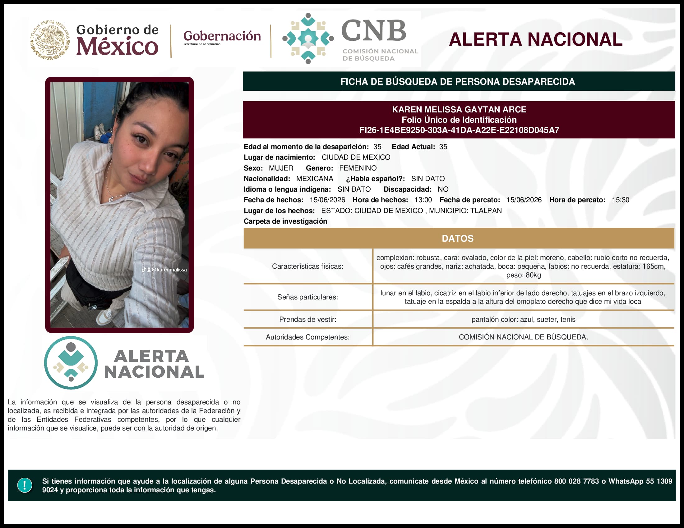 Persona desaparecida Karen Melissa Gaytan Arce