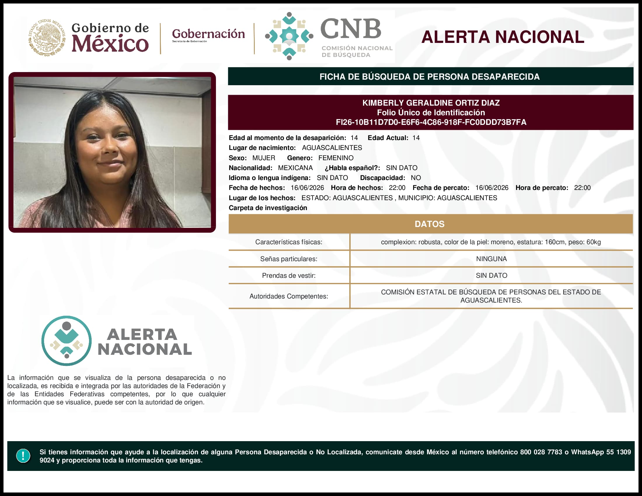 Persona desaparecida Kimberly Geraldine Ortiz Diaz