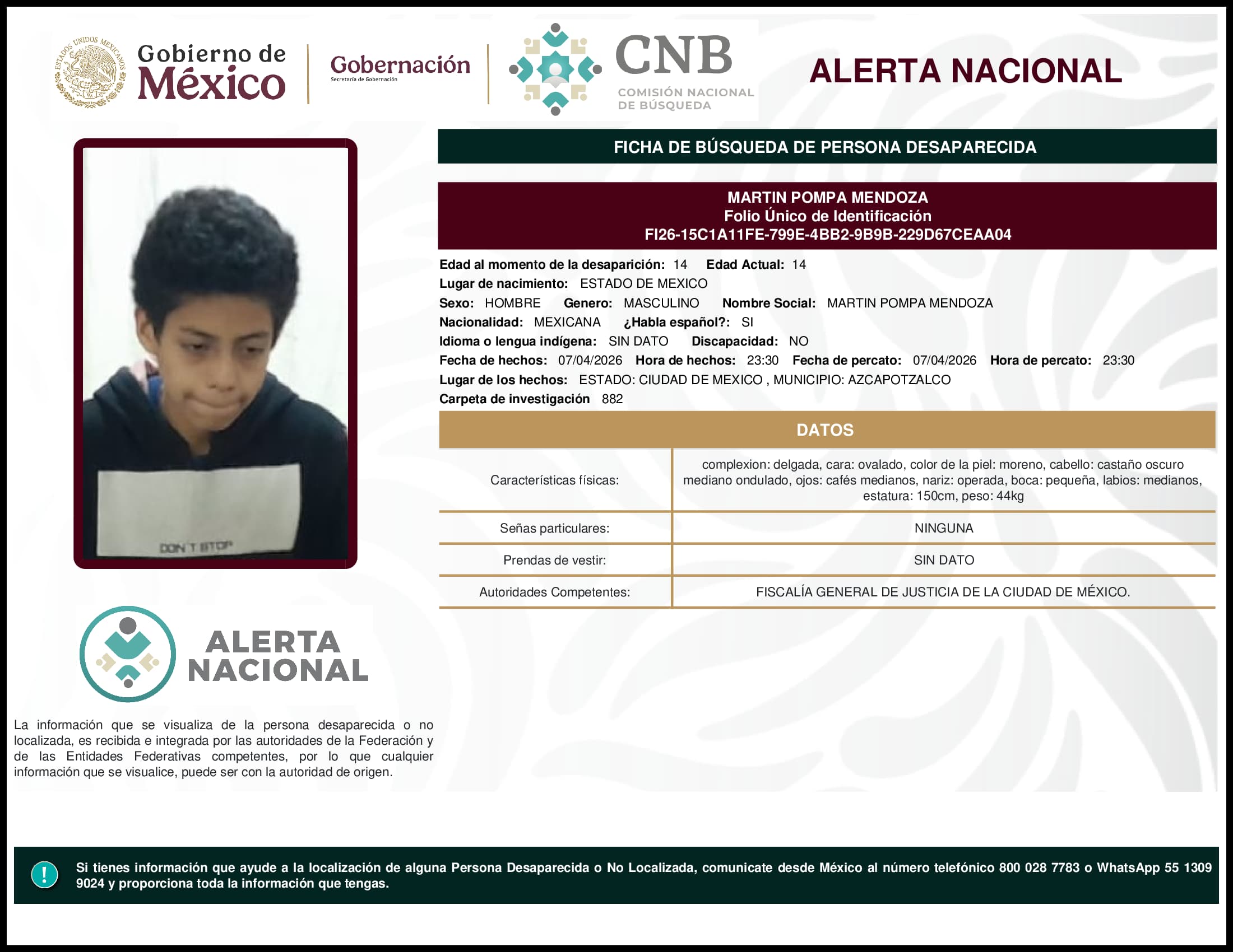 Persona desaparecida Martin Pompa Mendoza
