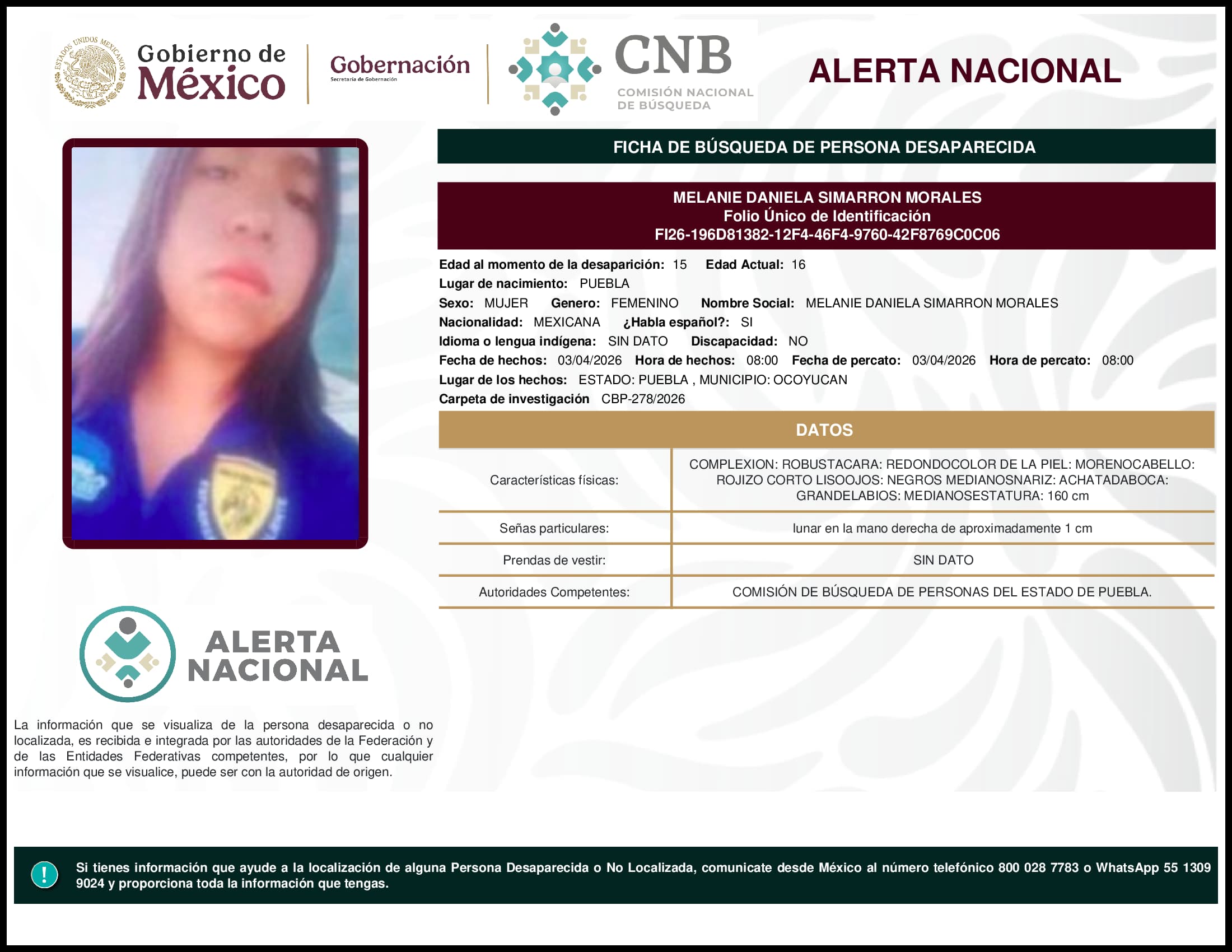 Persona desaparecida Melanie Daniela Simarron Morales