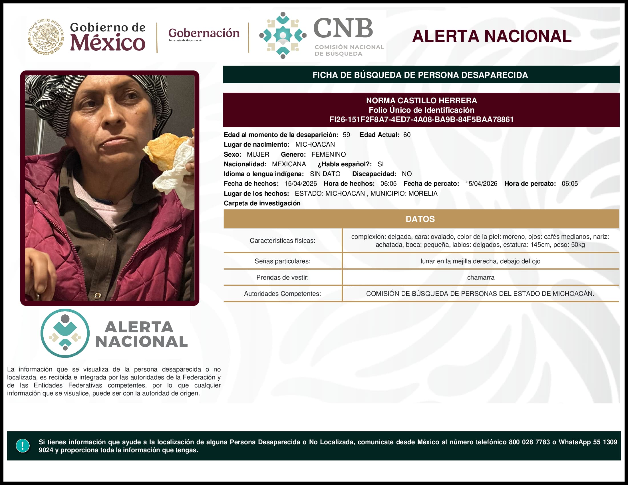 Persona desaparecida Norma Castillo Herrera