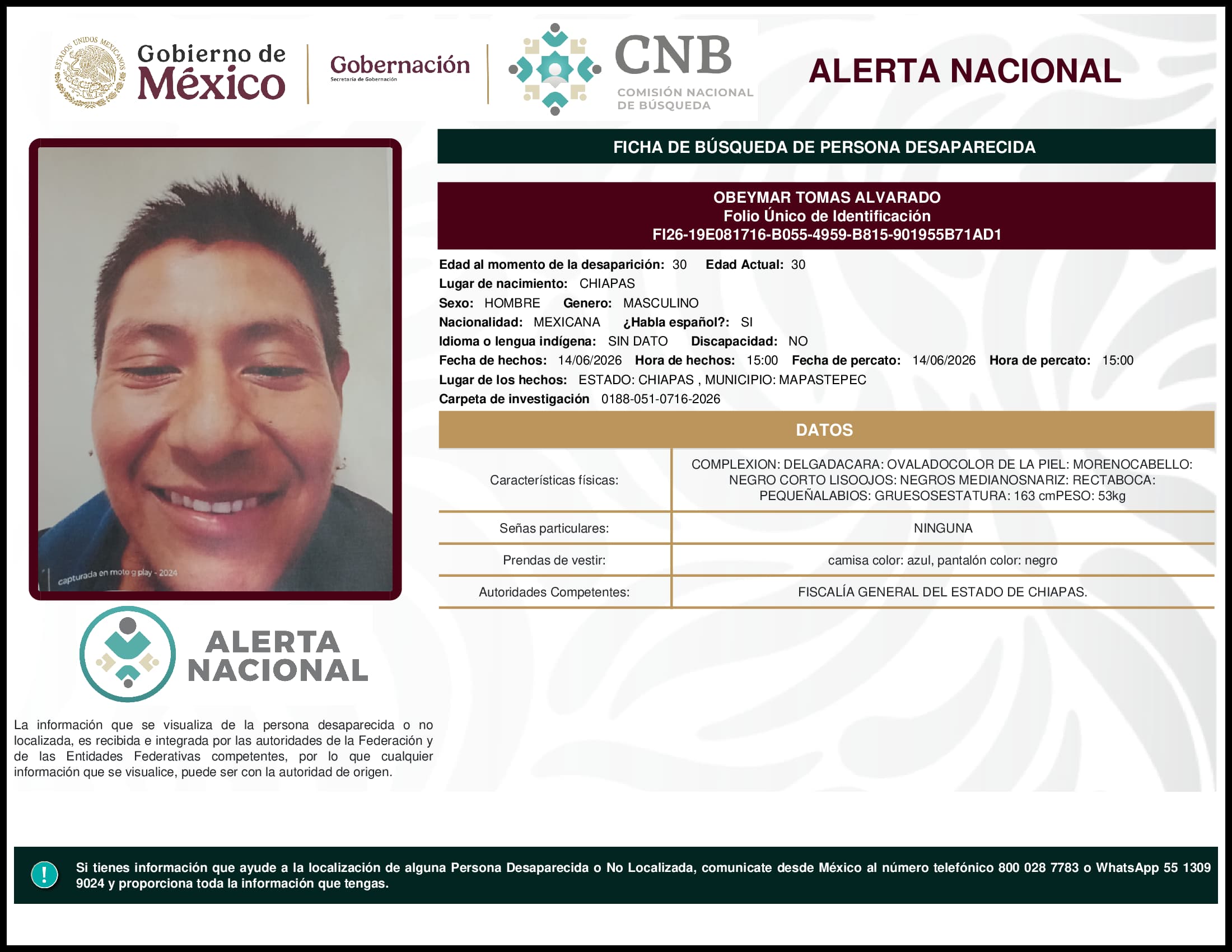 Persona desaparecida Obeymar Tomas Alvarado