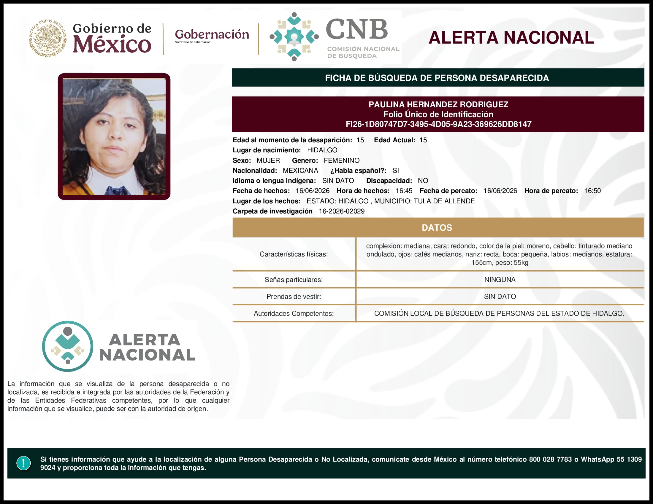 Persona desaparecida Paulina Hernandez Rodriguez