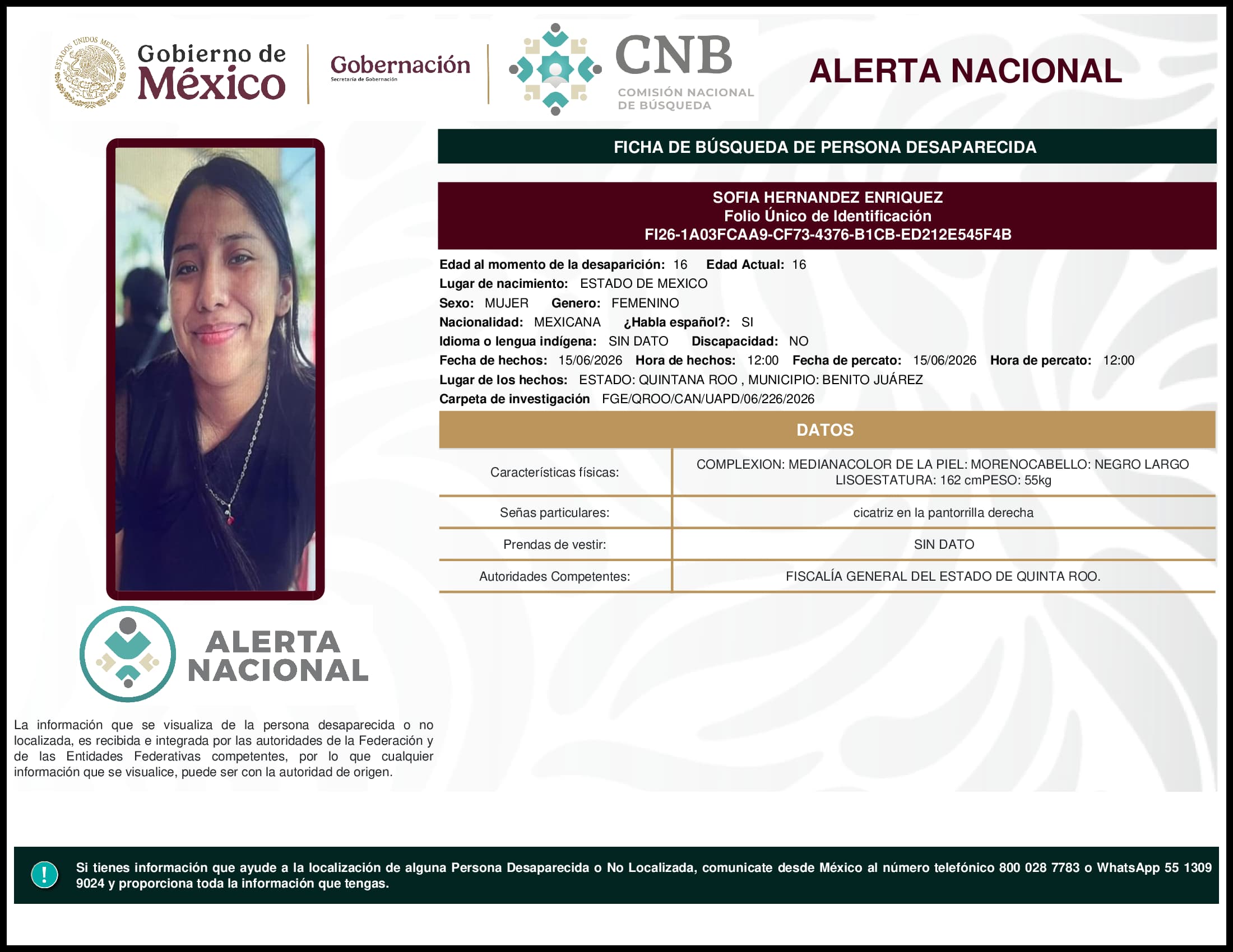 Persona desaparecida Sofia Hernandez Enriquez