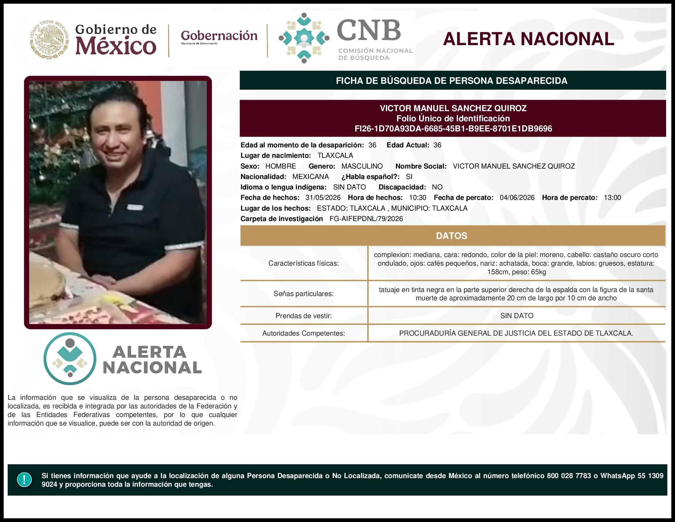 Persona desaparecida Victor Manuel Sanchez Quiroz