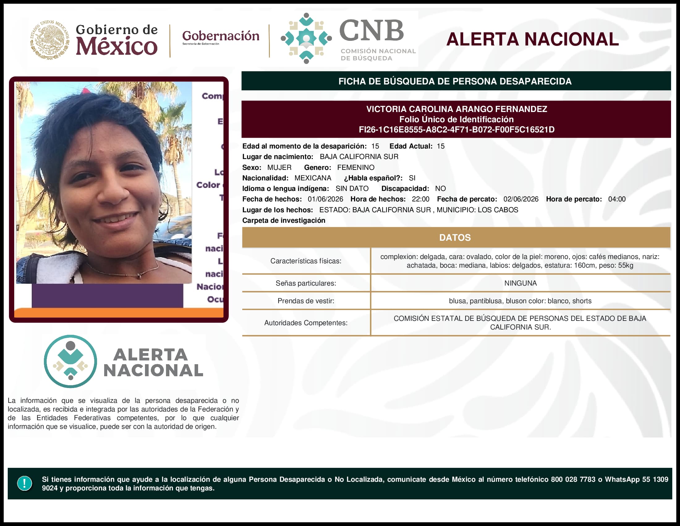 Persona desaparecida Victoria Carolina Arango Fernandez