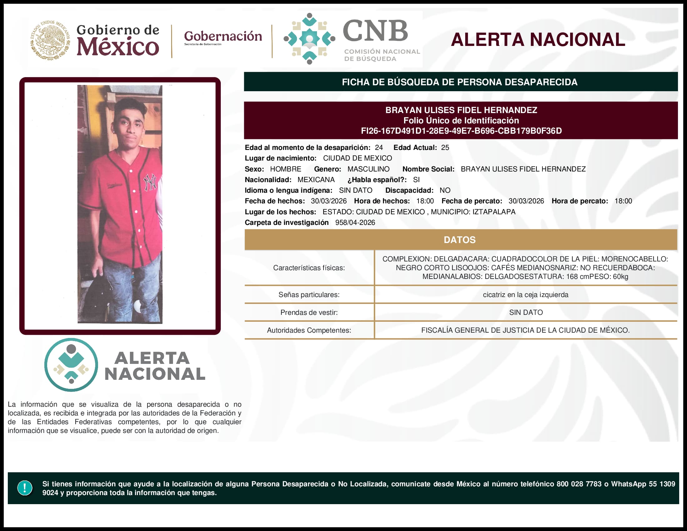 Persona desaparecida Brayan Ulises Fidel Hernandez