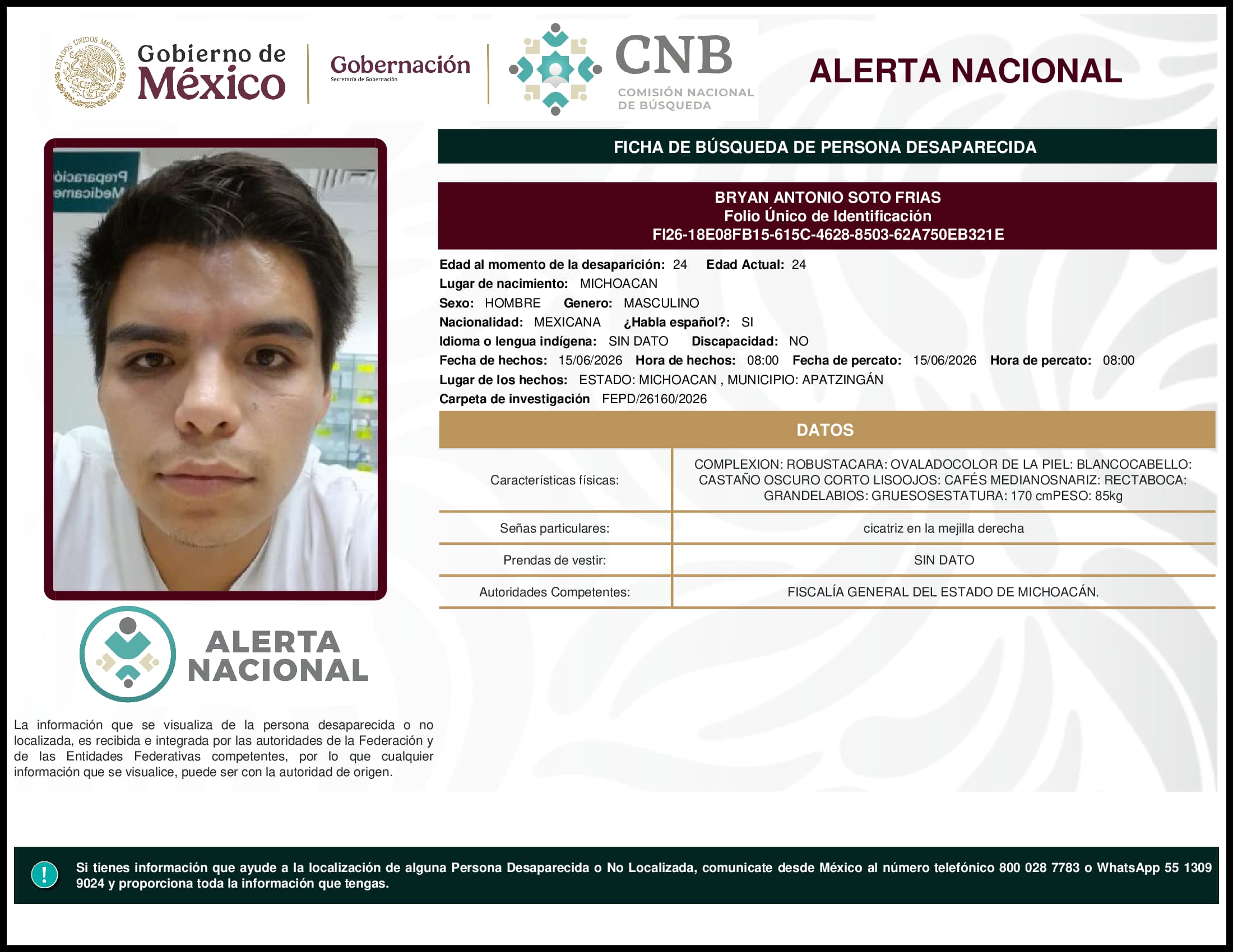 Persona desaparecida Bryan Antonio Soto Frias