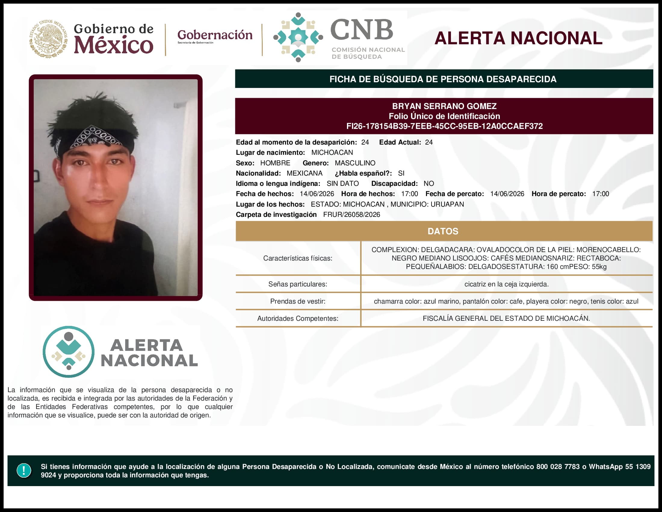 Persona desaparecida Bryan Serrano Gomez