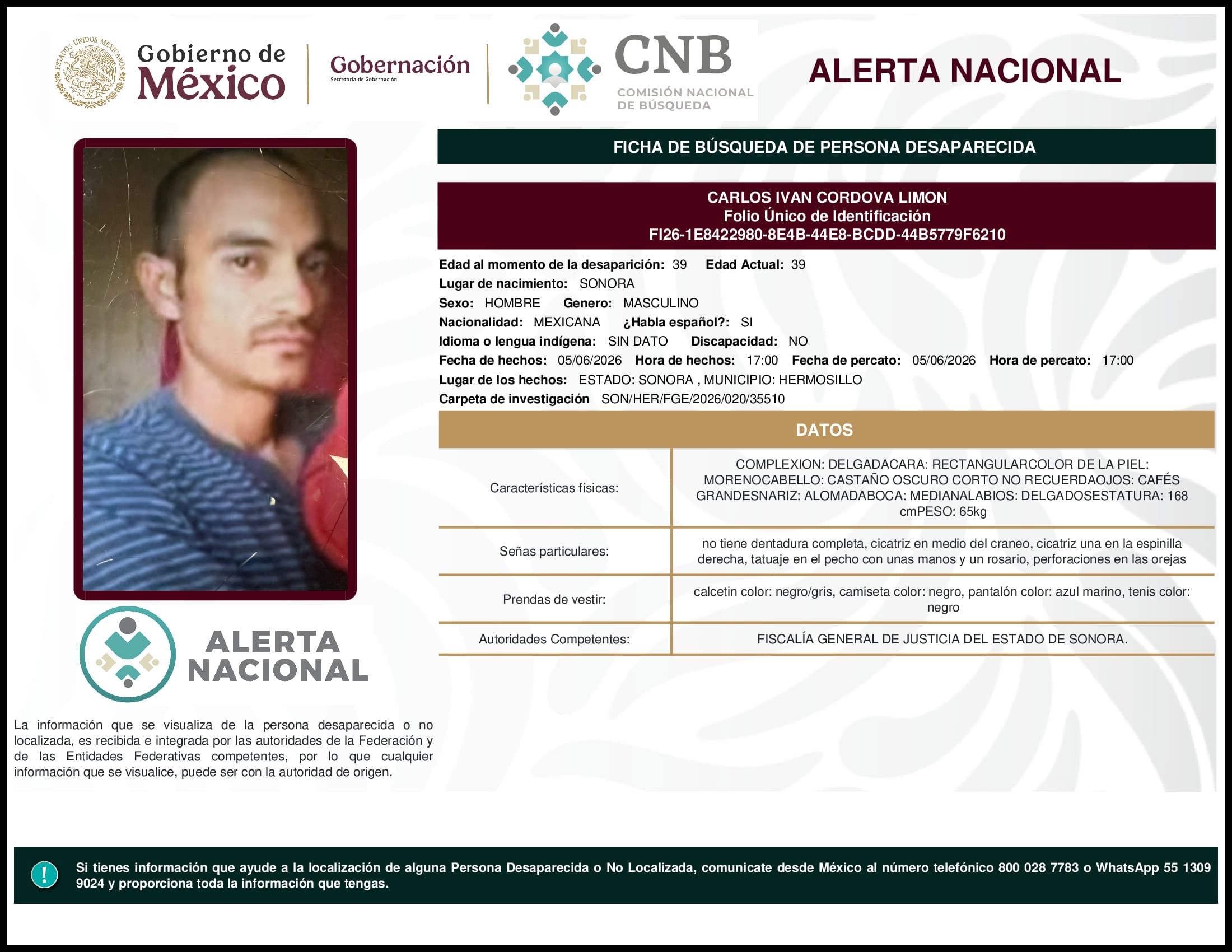 Persona desaparecida Carlos Ivan Cordova Limon