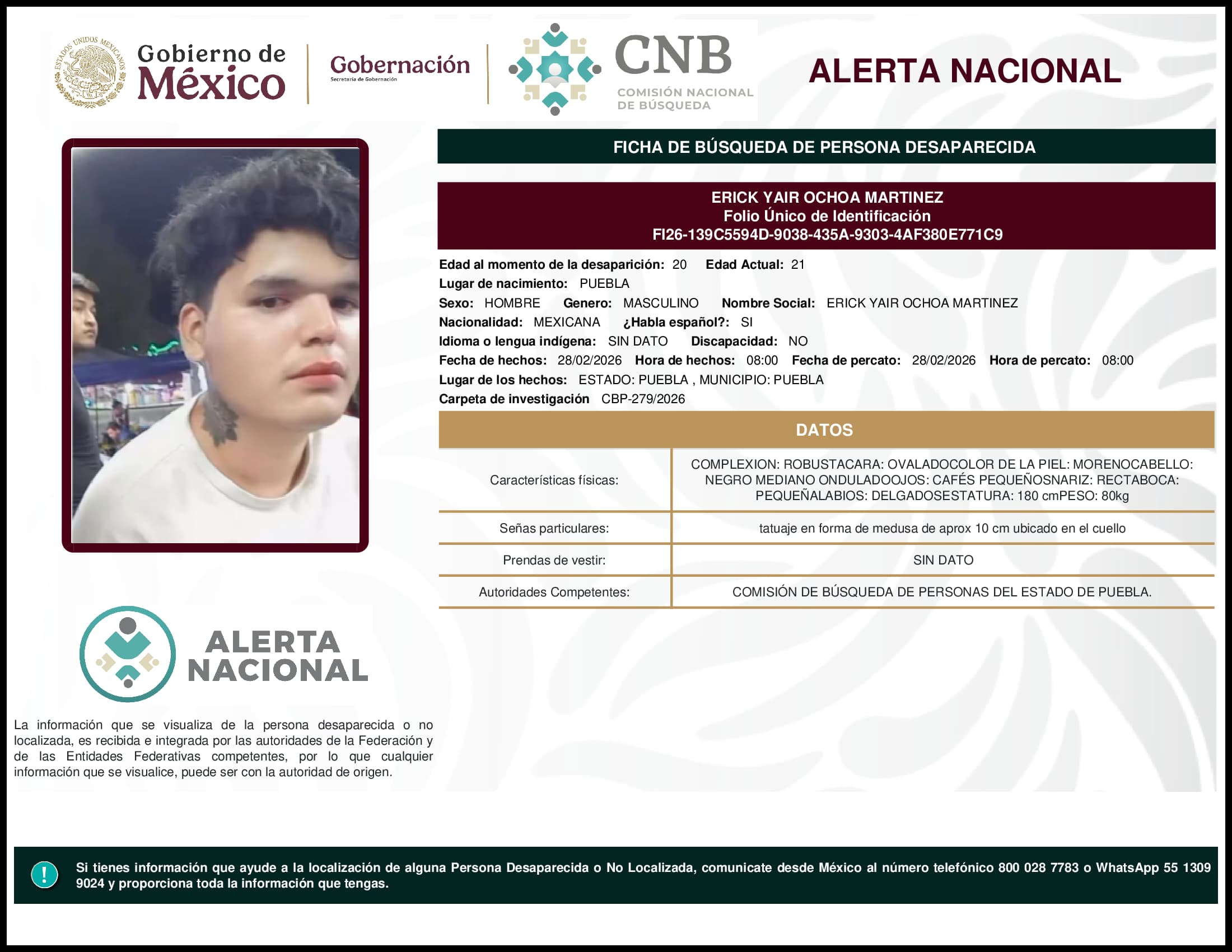Persona desaparecida Erick Yair Ochoa Martinez
