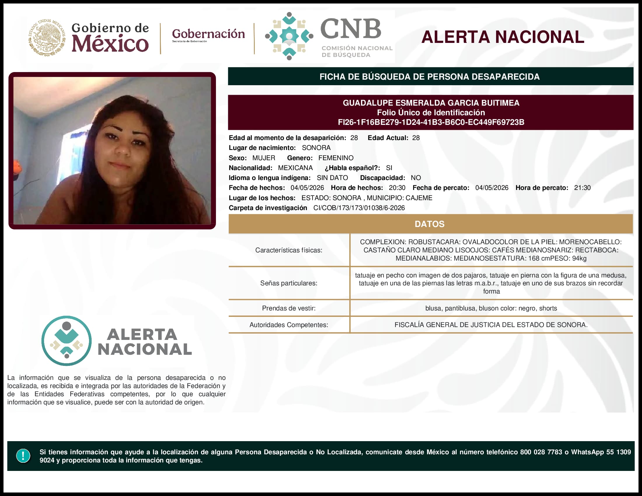 Persona desaparecida Guadalupe Esmeralda Garcia Buitimea