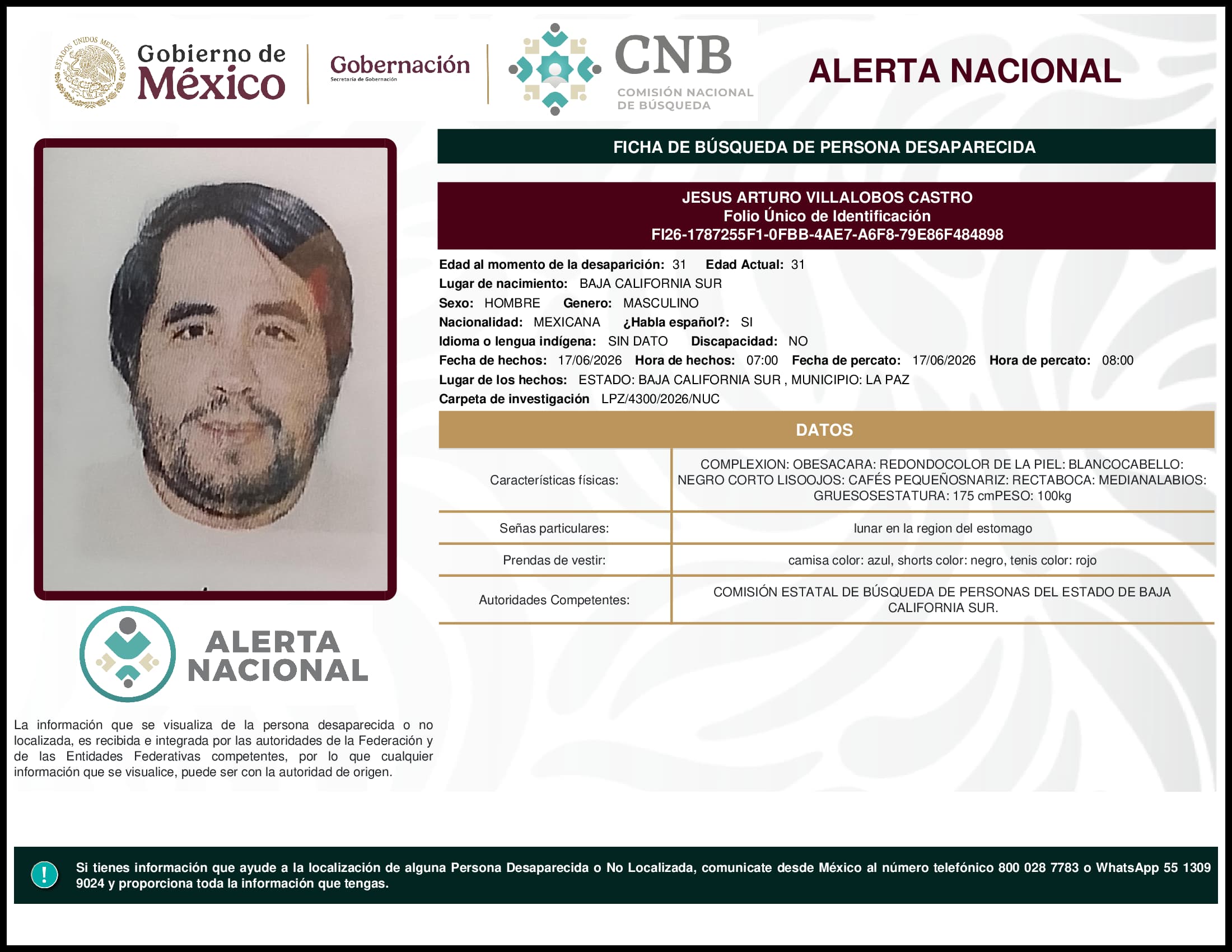 Persona desaparecida Jesus Arturo Villalobos Castro