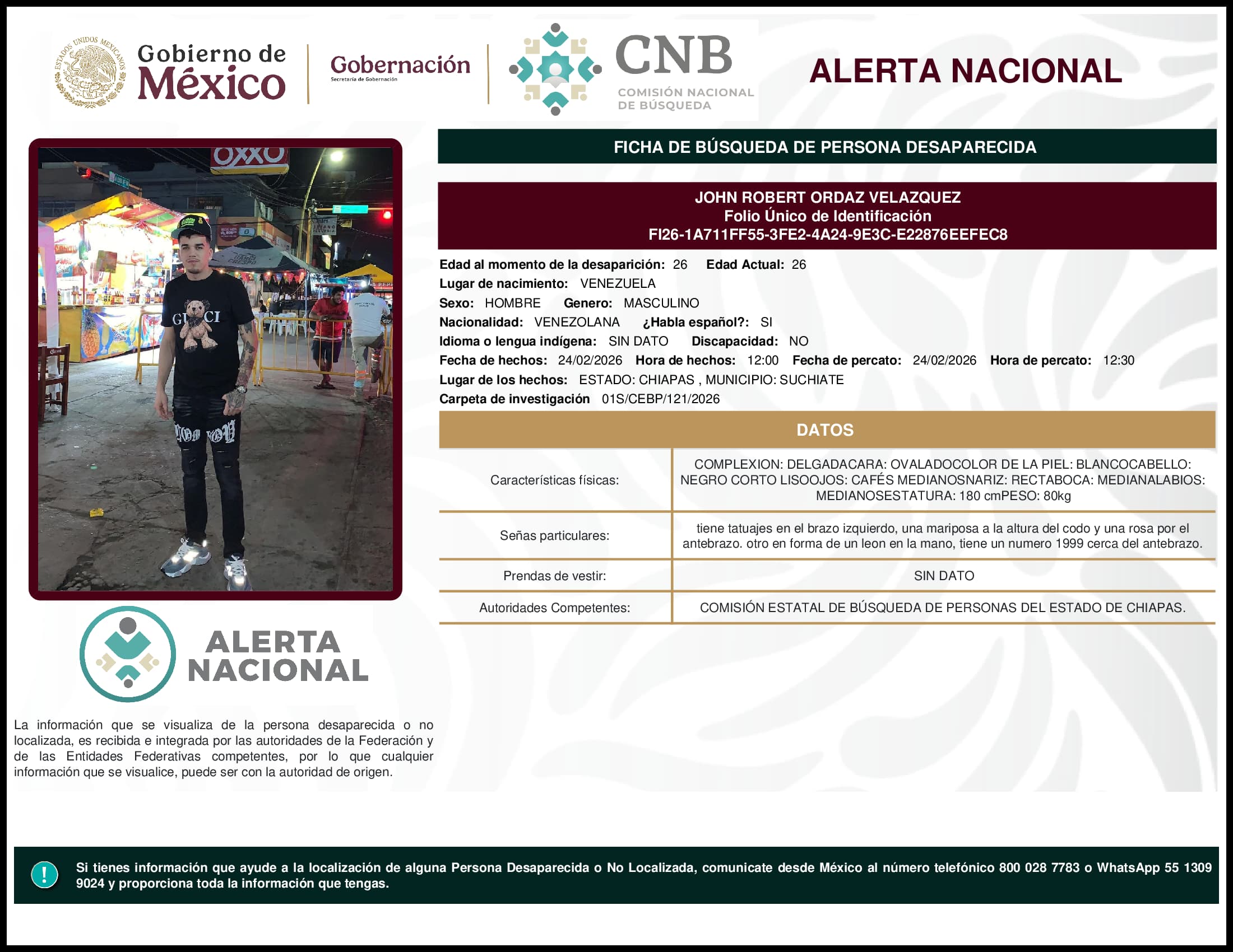 Persona desaparecida John Robert Ordaz Velazquez