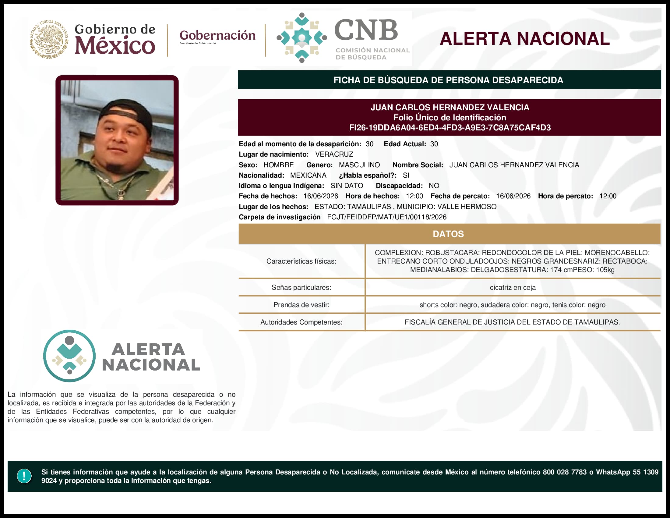 Persona desaparecida Juan Carlos Hernandez Valencia