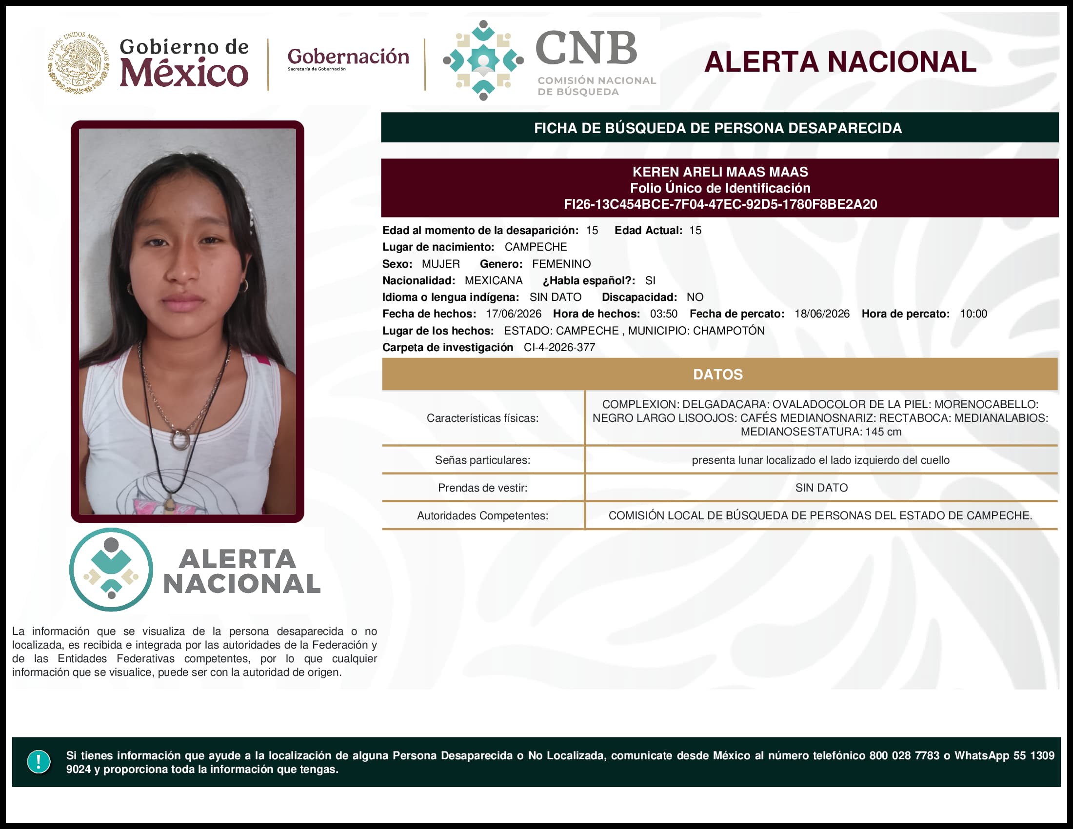 Persona desaparecida Keren Areli Maas Maas