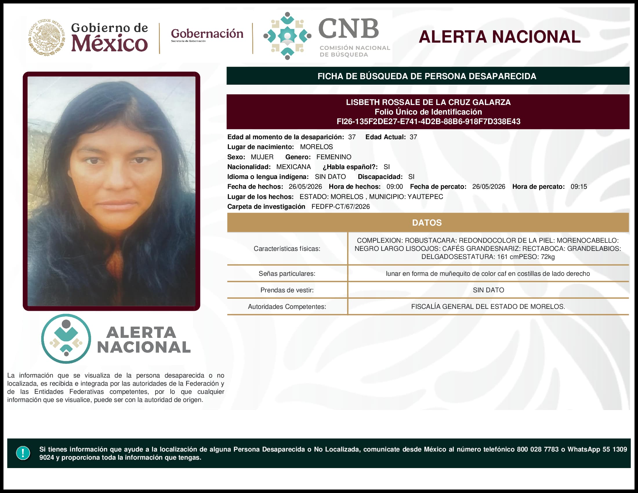 Persona desaparecida Lisbeth Rossale De La Cruz Galarza