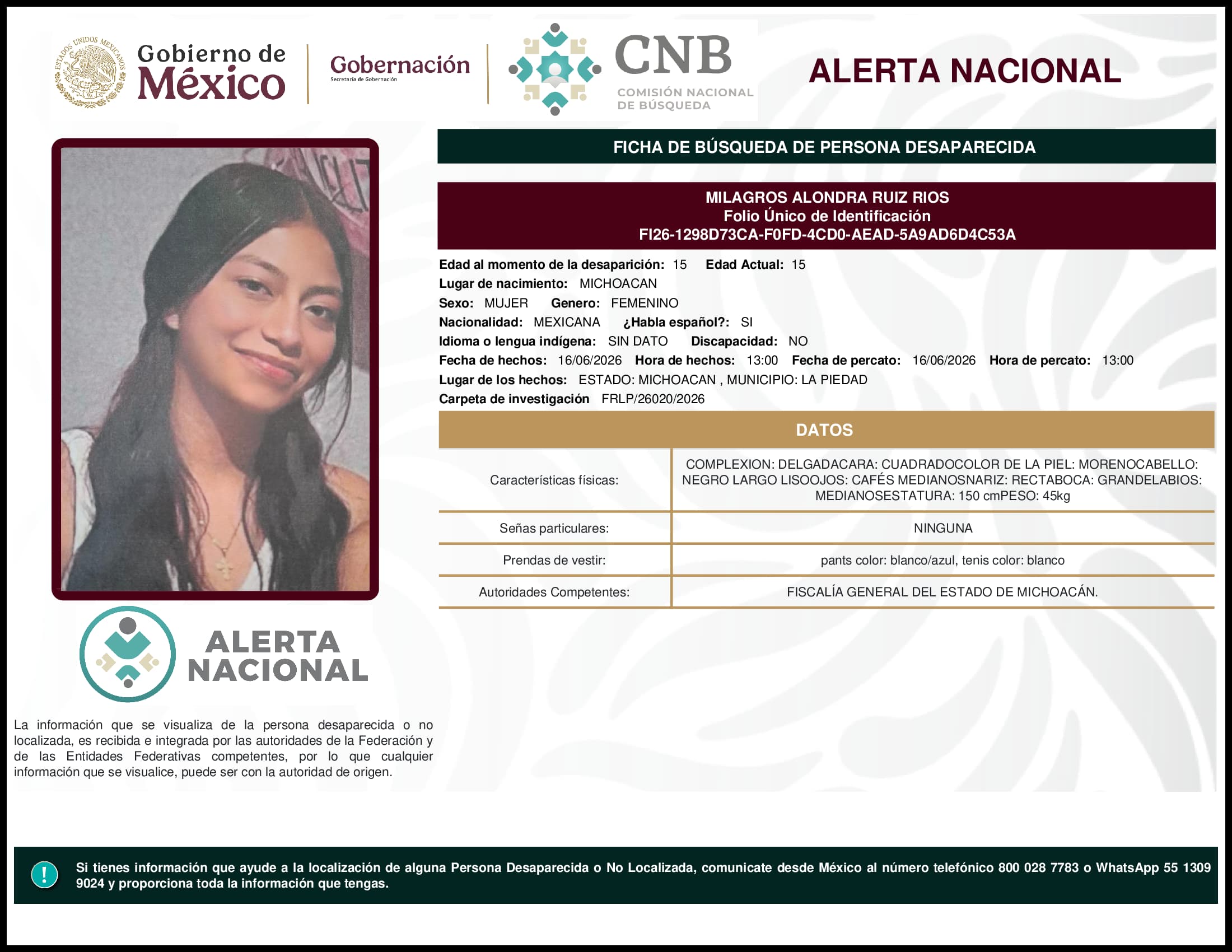 Persona desaparecida Milagros Alondra Ruiz Rios