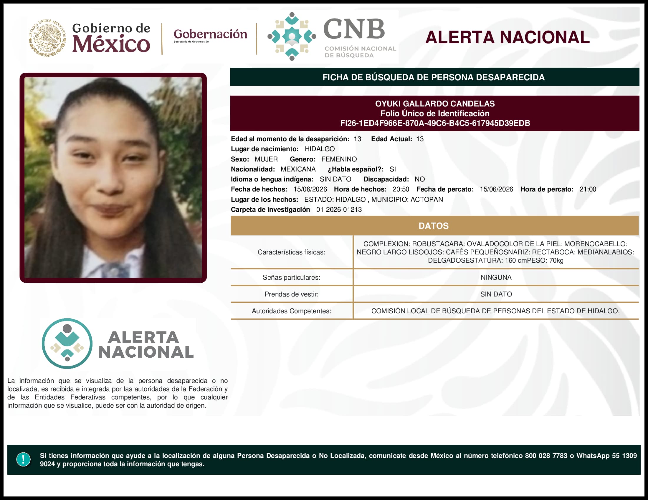 Persona desaparecida Oyuki Gallardo Candelas