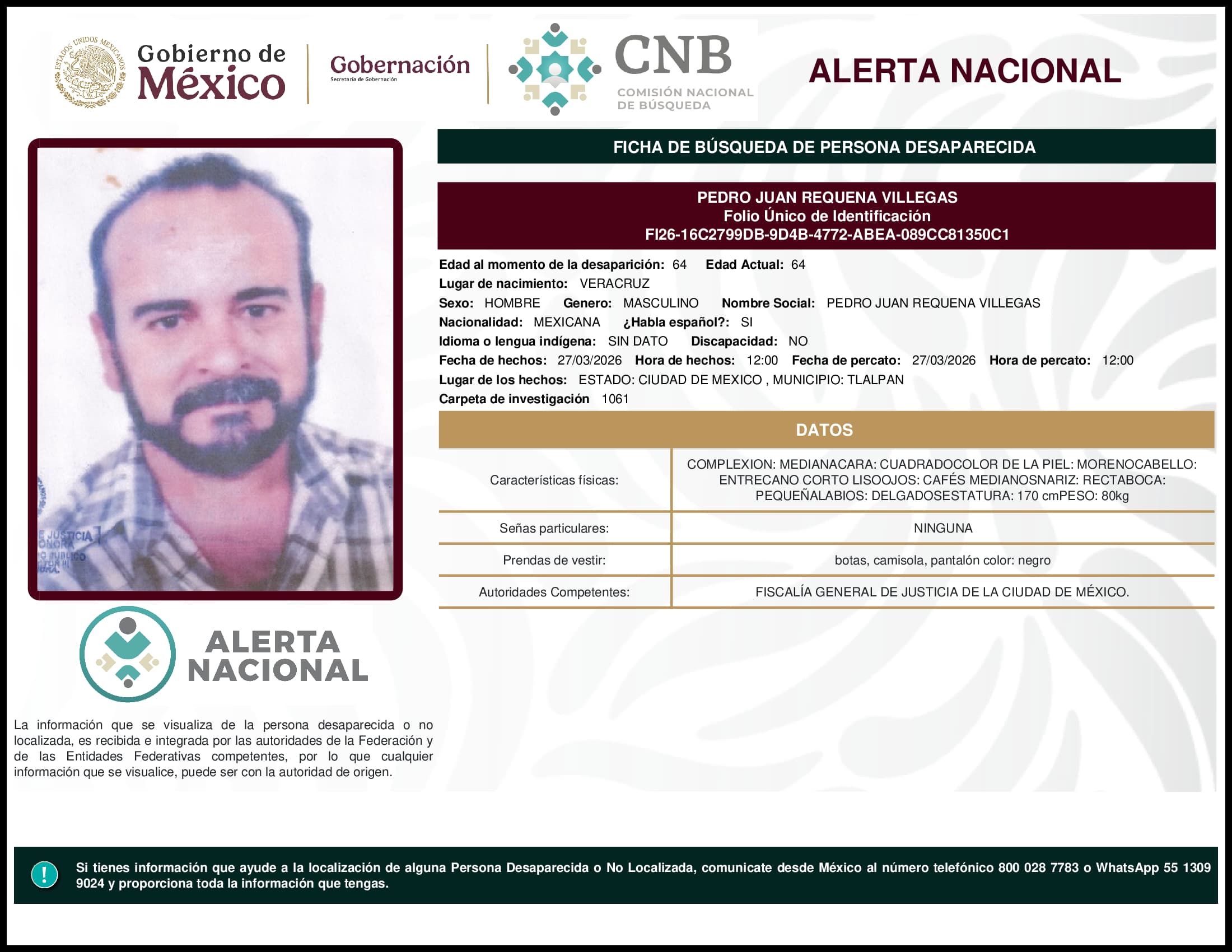 Persona desaparecida Pedro Juan Requena Villegas