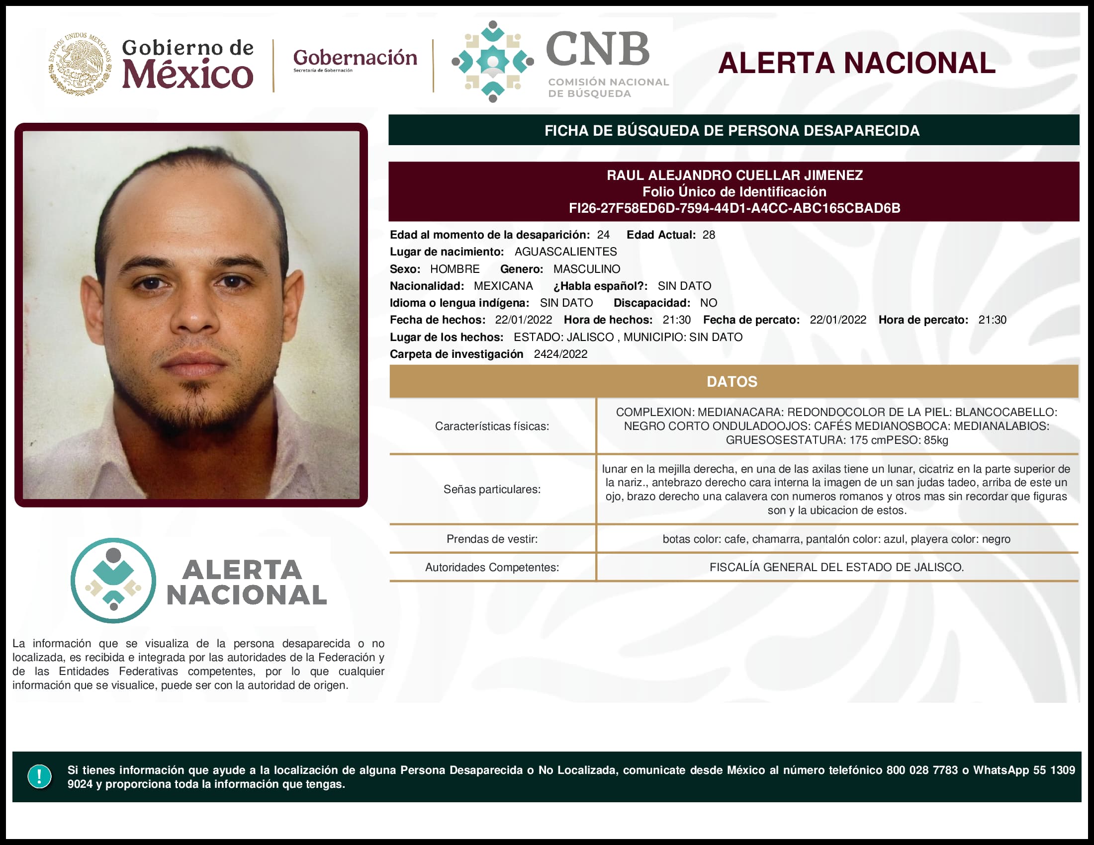 Persona desaparecida Raul Alejandro Cuellar Jimenez