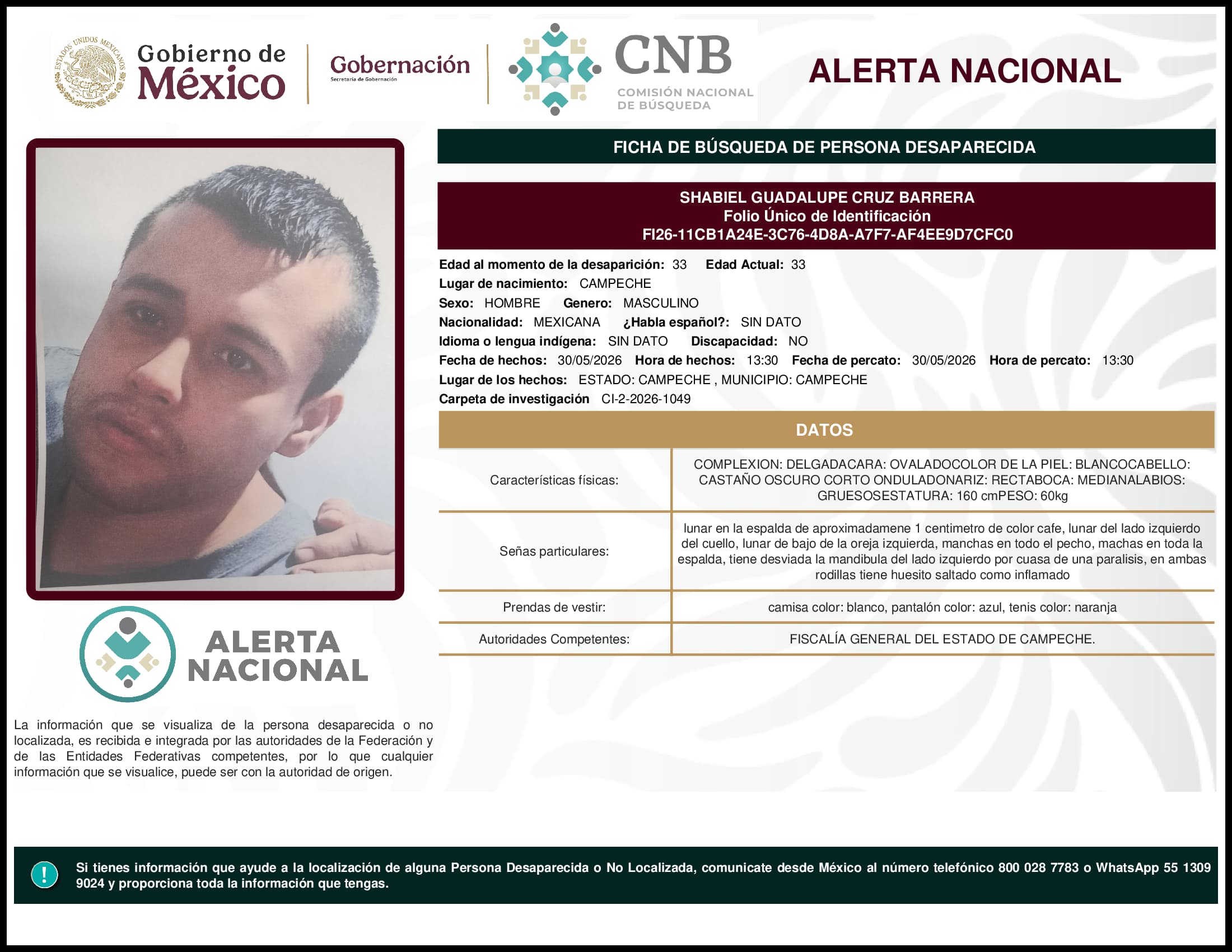 Persona desaparecida Shabiel Guadalupe Cruz Barrera