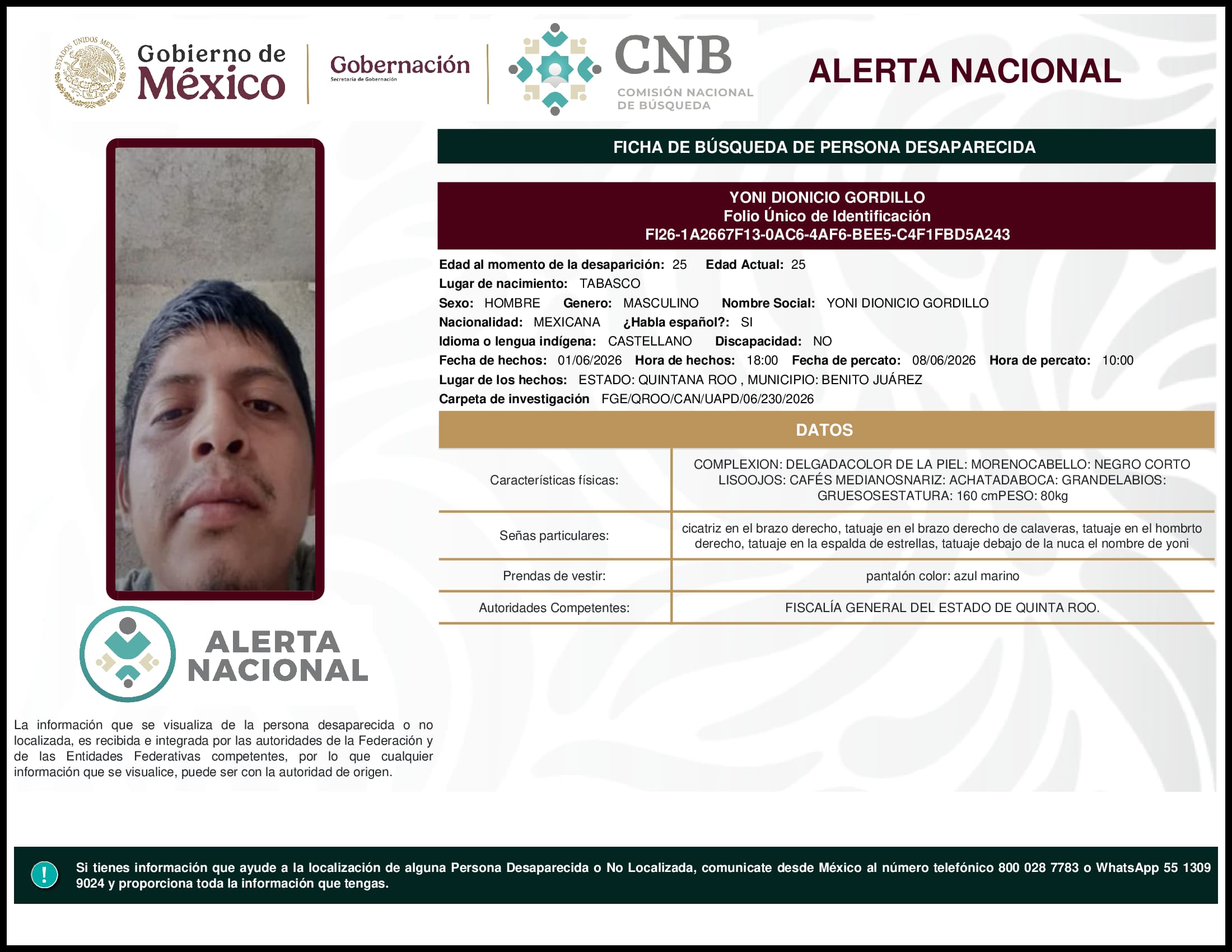 Persona desaparecida Yoni Dionicio Gordillo