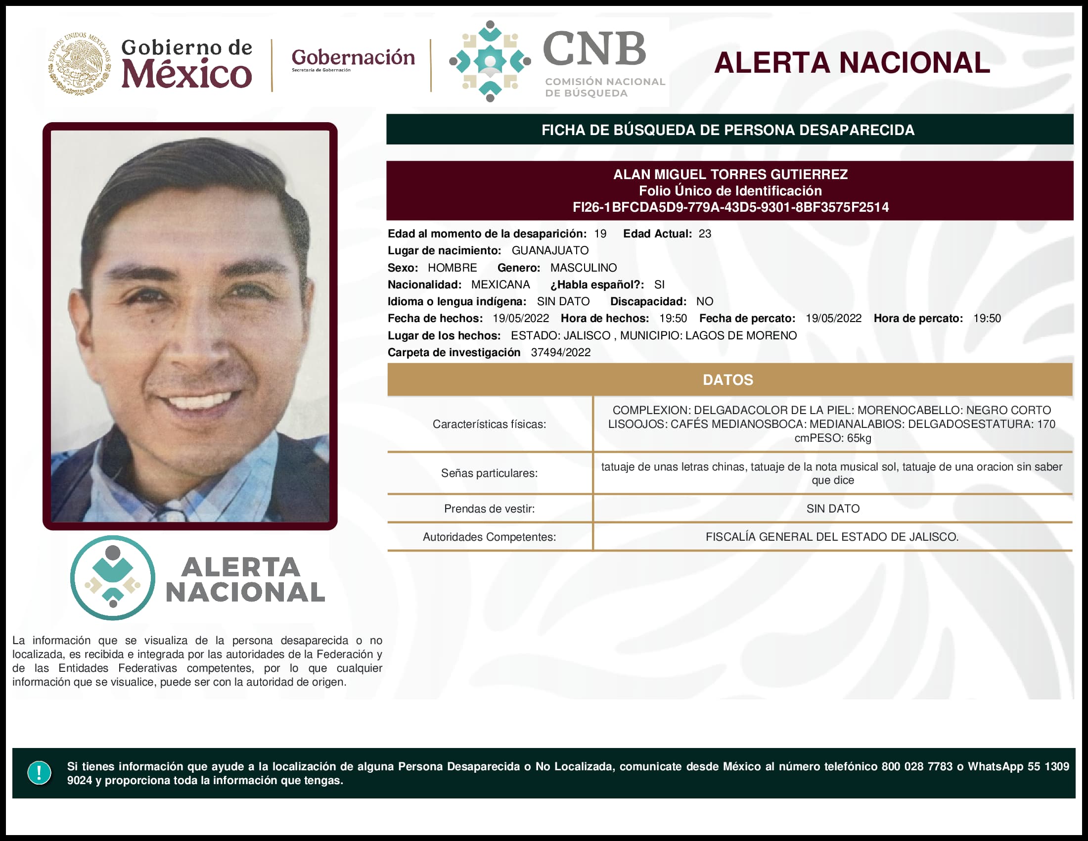 Persona desaparecida Alan Miguel Torres Gutierrez
