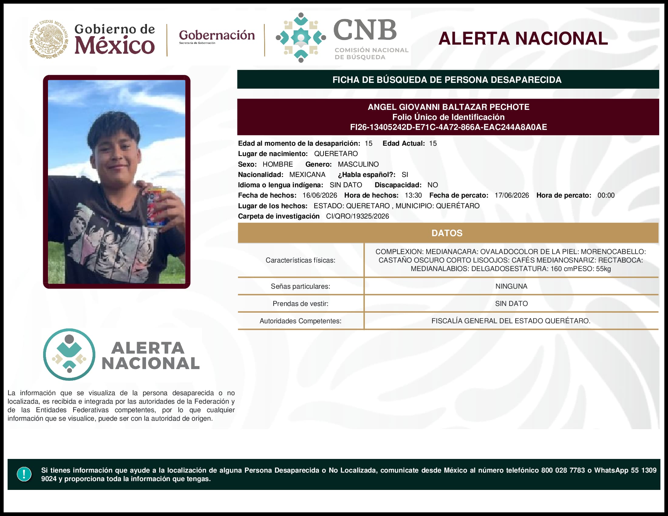 Persona desaparecida Angel Giovanni Baltazar Pechote