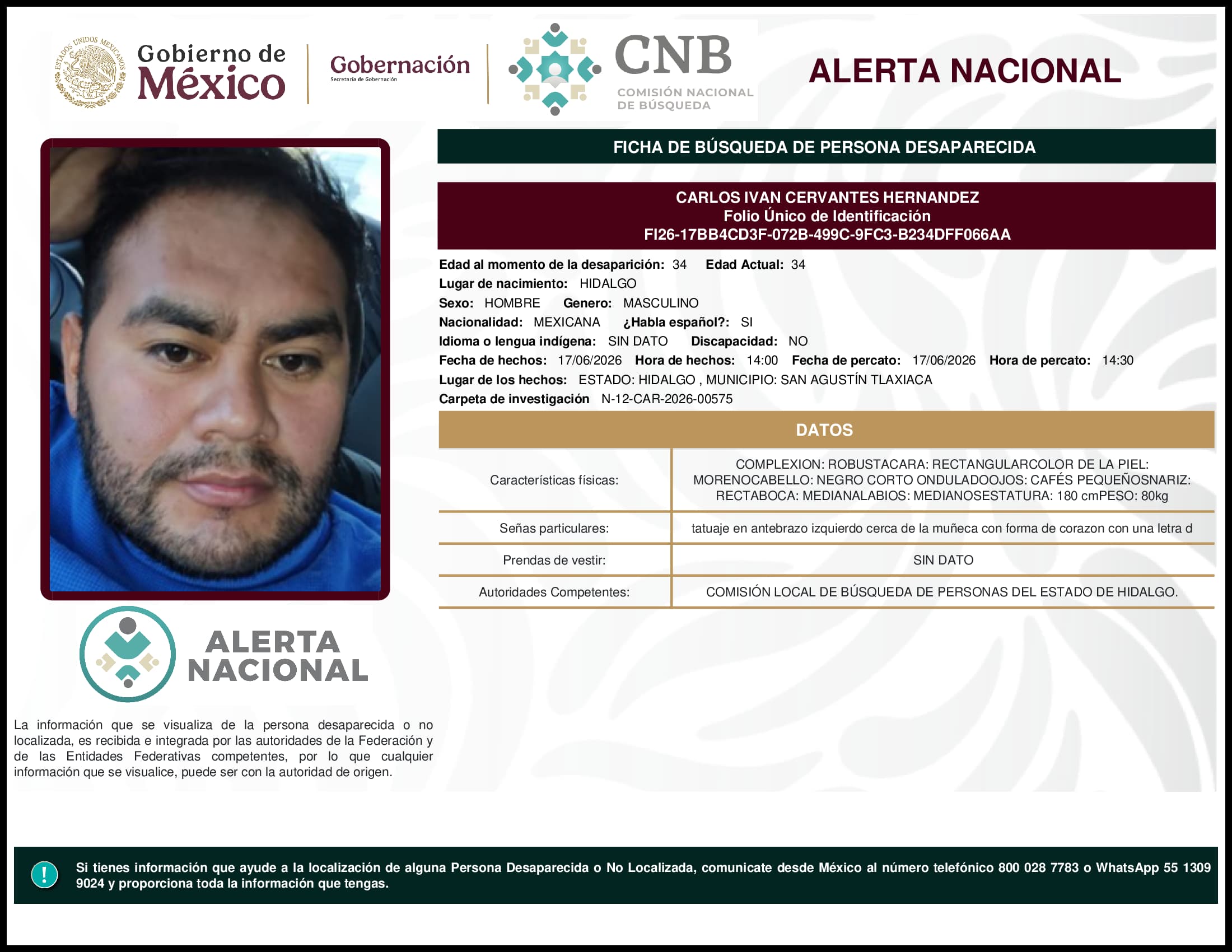 Persona desaparecida Carlos Ivan Cervantes Hernandez