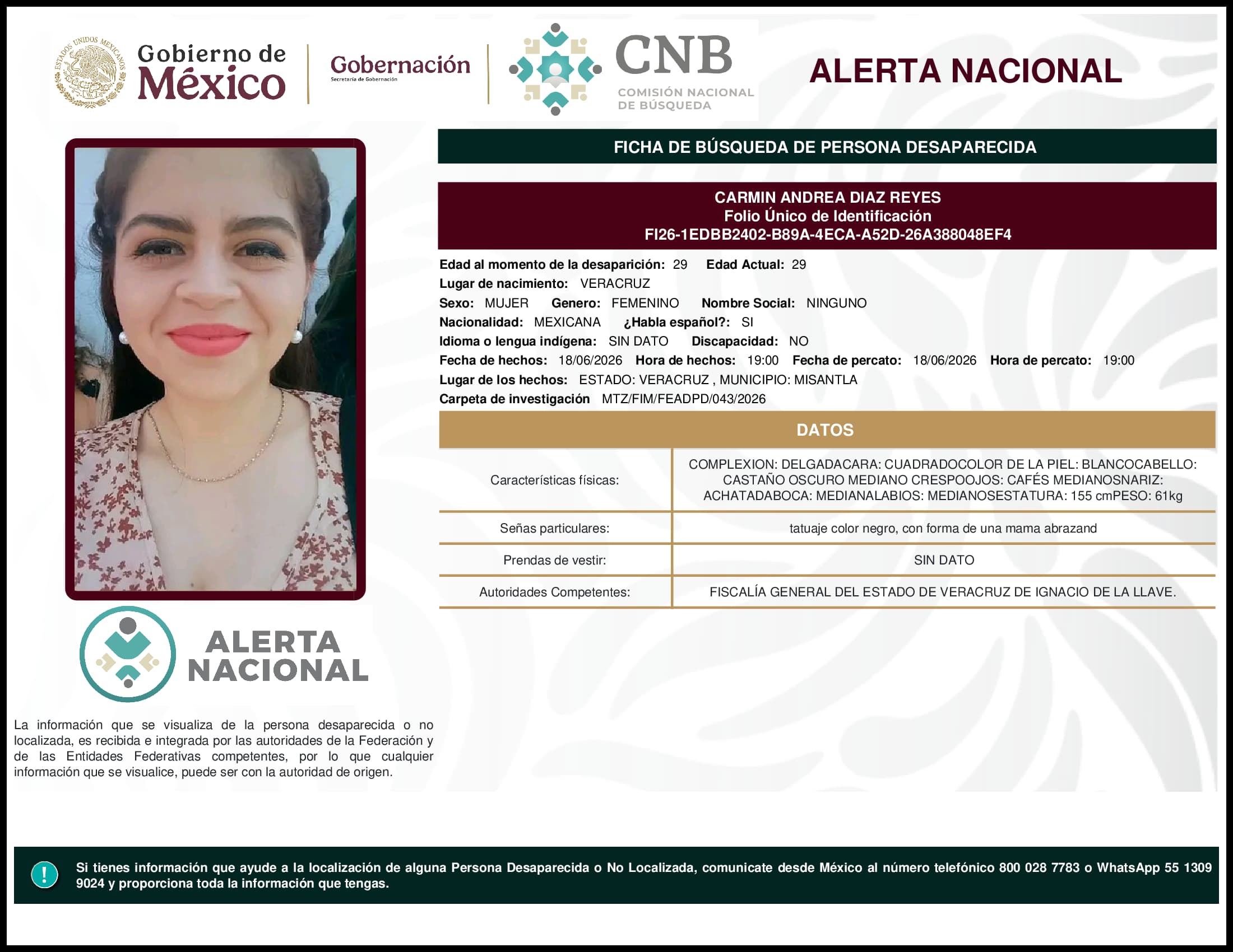 Persona desaparecida Carmin Andrea Diaz Reyes