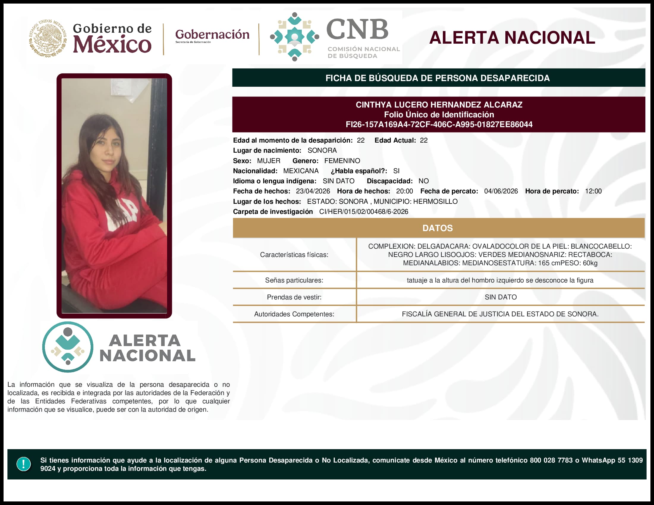 Persona desaparecida Cinthya Lucero Hernandez Alcaraz
