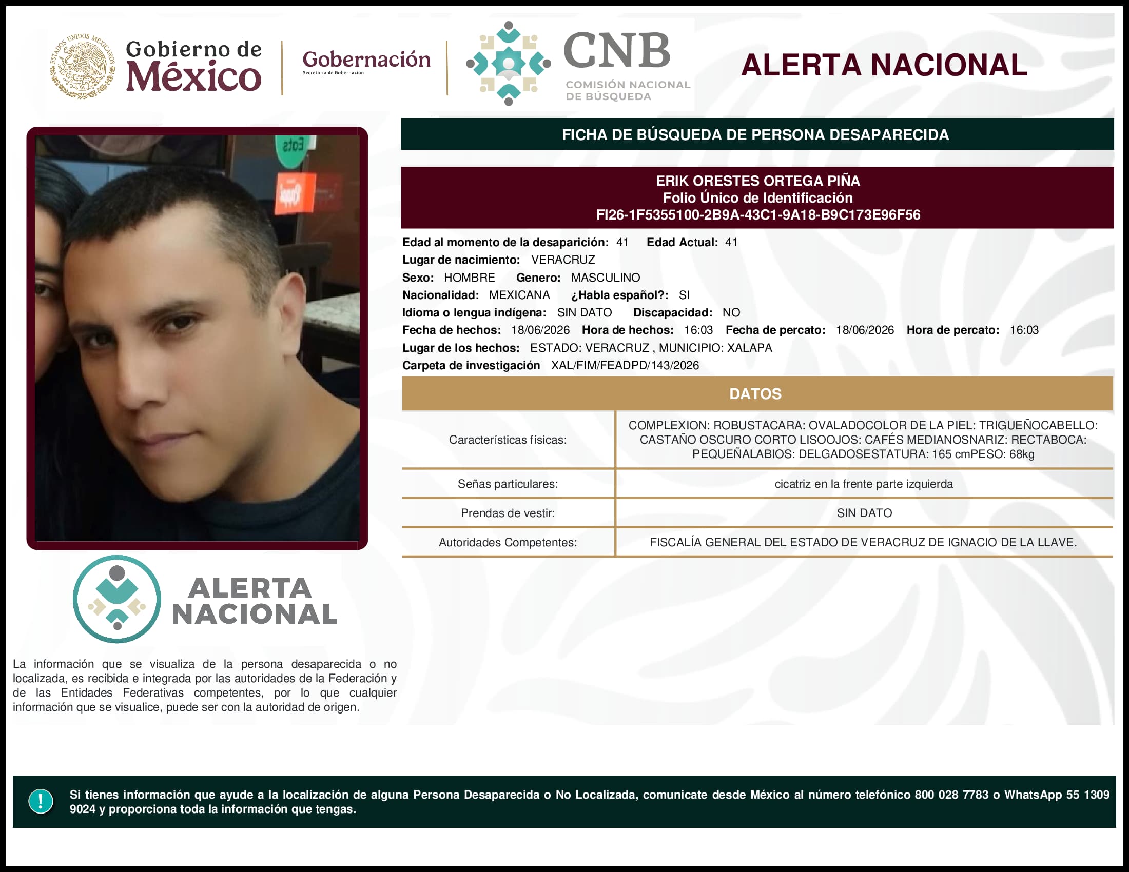 Persona desaparecida Erik Orestes Ortega Pina