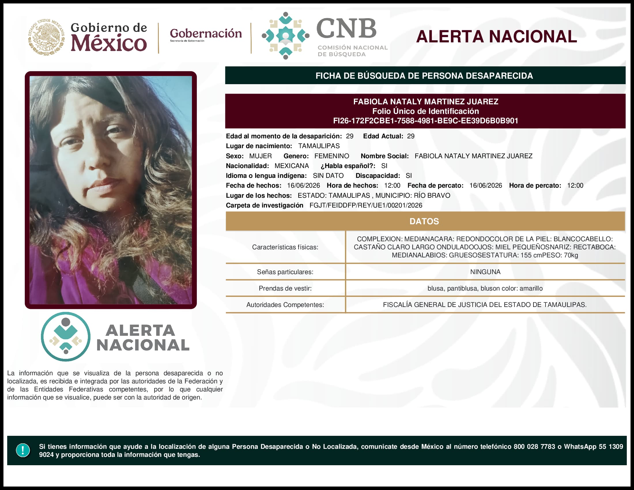 Persona desaparecida Fabiola Nataly Martinez Juarez