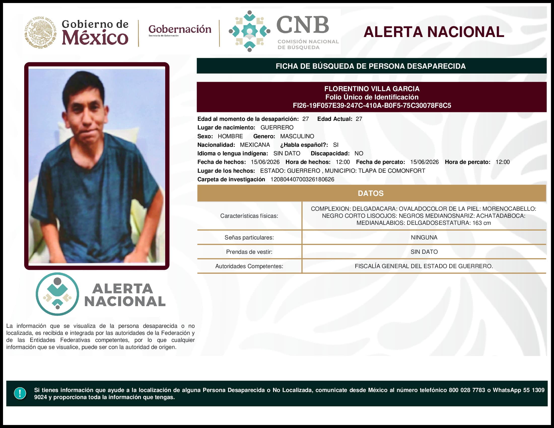 Persona desaparecida Florentino Villa Garcia