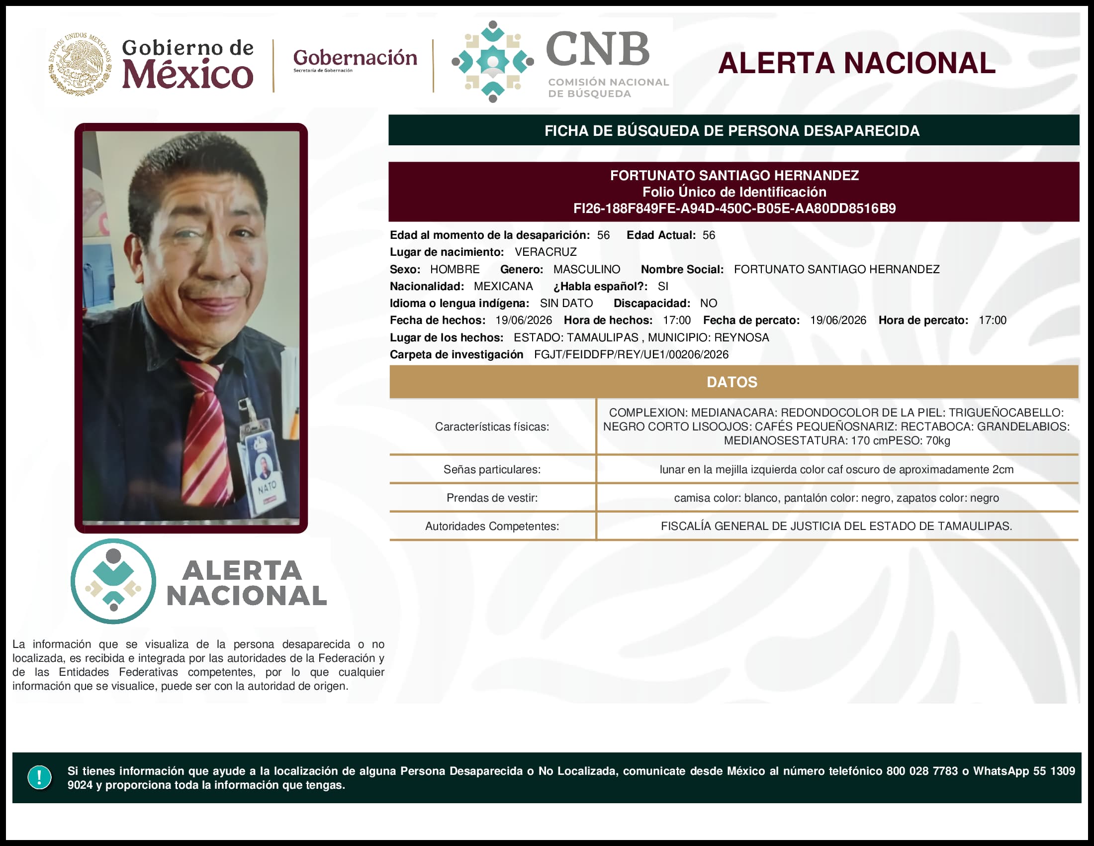 Persona desaparecida Fortunato Santiago Hernandez