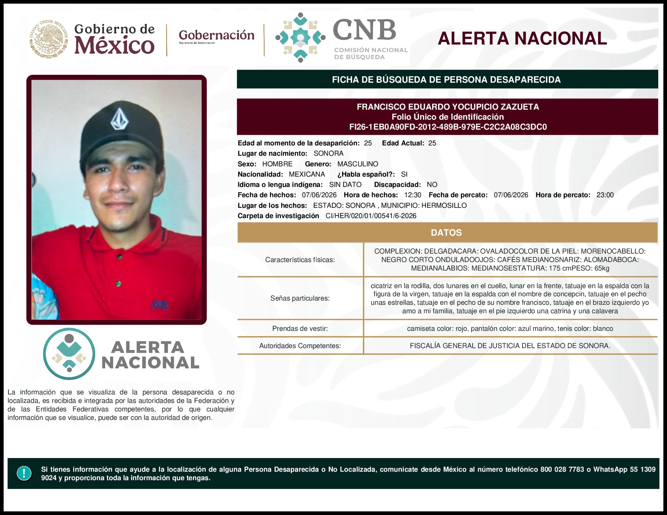 Persona desaparecida Francisco Eduardo Yocupicio Zazueta